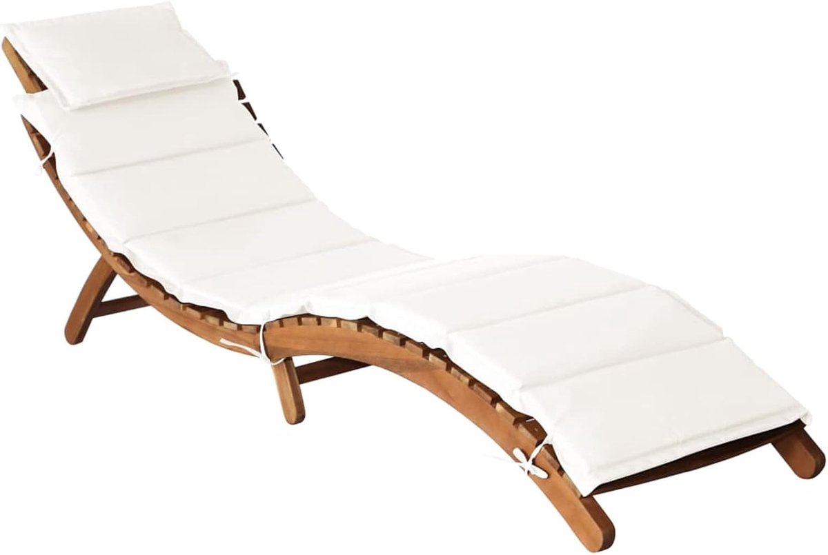 Zonneligstoel met kussen, tuinligstoel, rotanligstoel, relaxstoel, strandstoel, tuinmeubelen, acacia-massief hout, crème, 184 x 55 x 64 cm