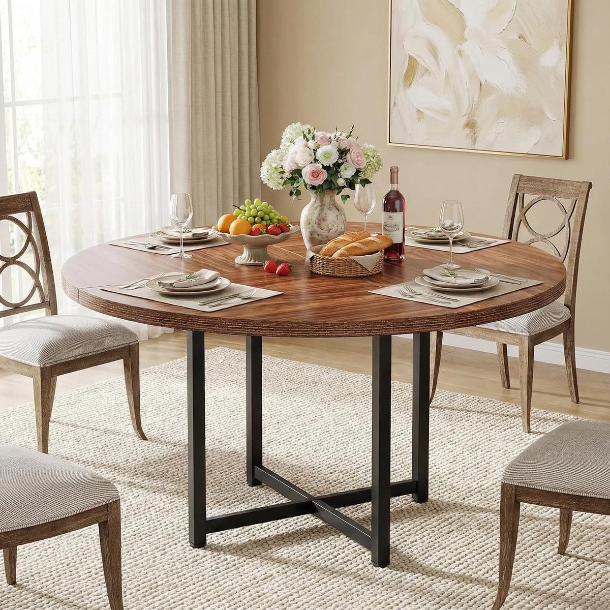 120cm Eettafel, Ronde Eetkamertafel, Modern Kitchen Dining Table, Houten Eettafel, Dining Table For 4 Person, Small Dining Room Table, 120 x 120 x 74 cm, Black & Rustic Brown