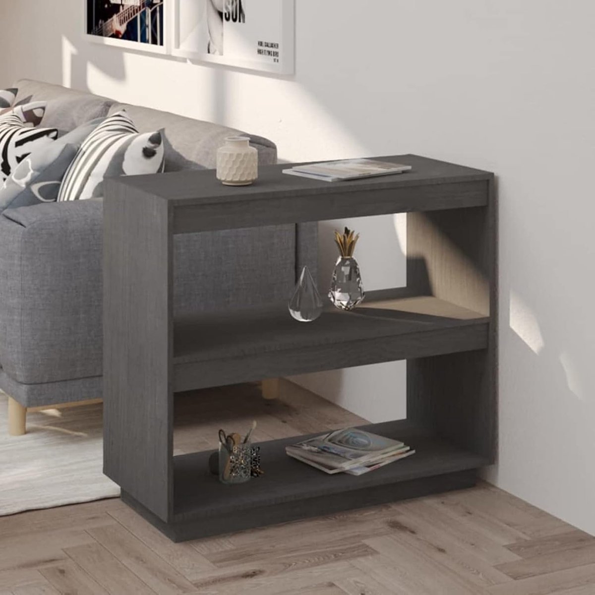 Boekenkast/scheidingswand, grijs, 80 x 35 x 71 cm, van massief grenenhout, cd-plank, boekenkast, verticale boekenkast, plank voor woonkamer, slaapkamer, kantoor