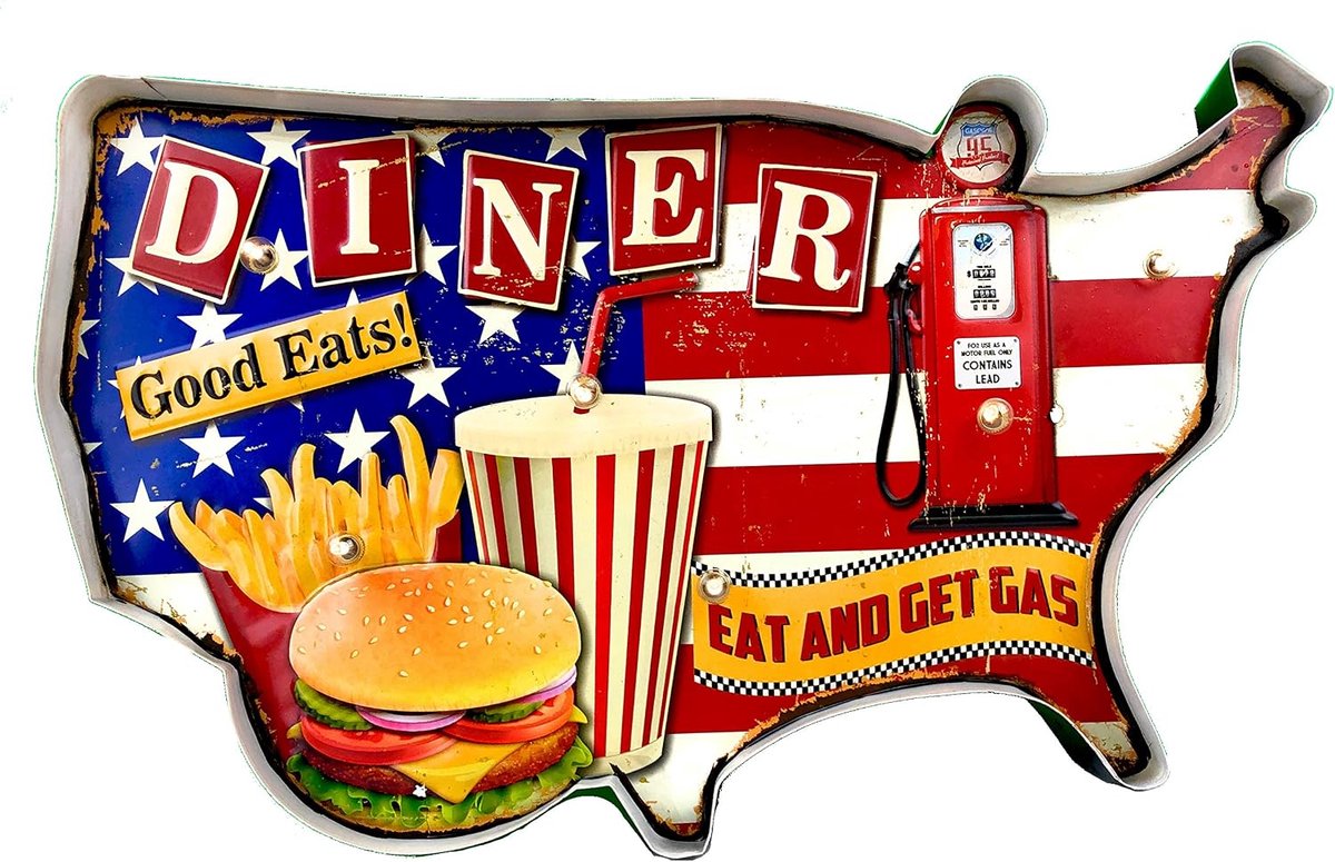 Vintage-bord van metaal, lichtgevende kunstwerken, accessoires voor thuis, retro (American Diner)