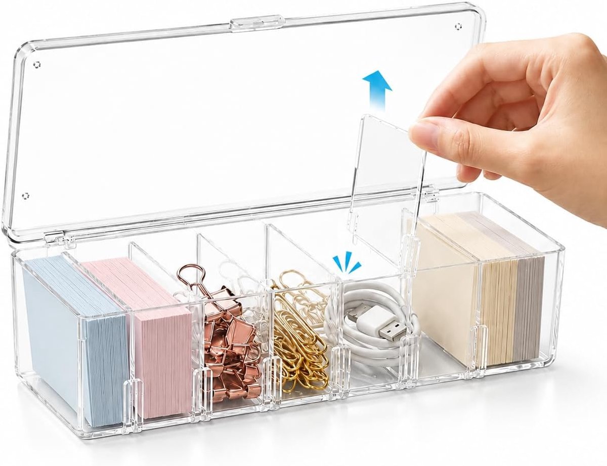 Transparant, acryl visitekaartjesdoos met deksel, 26 x 10 x 7,5 cm, indexkaartenbox met uitneembare scheidingswanden voor bureau, kantoor, kabels, cosmetica