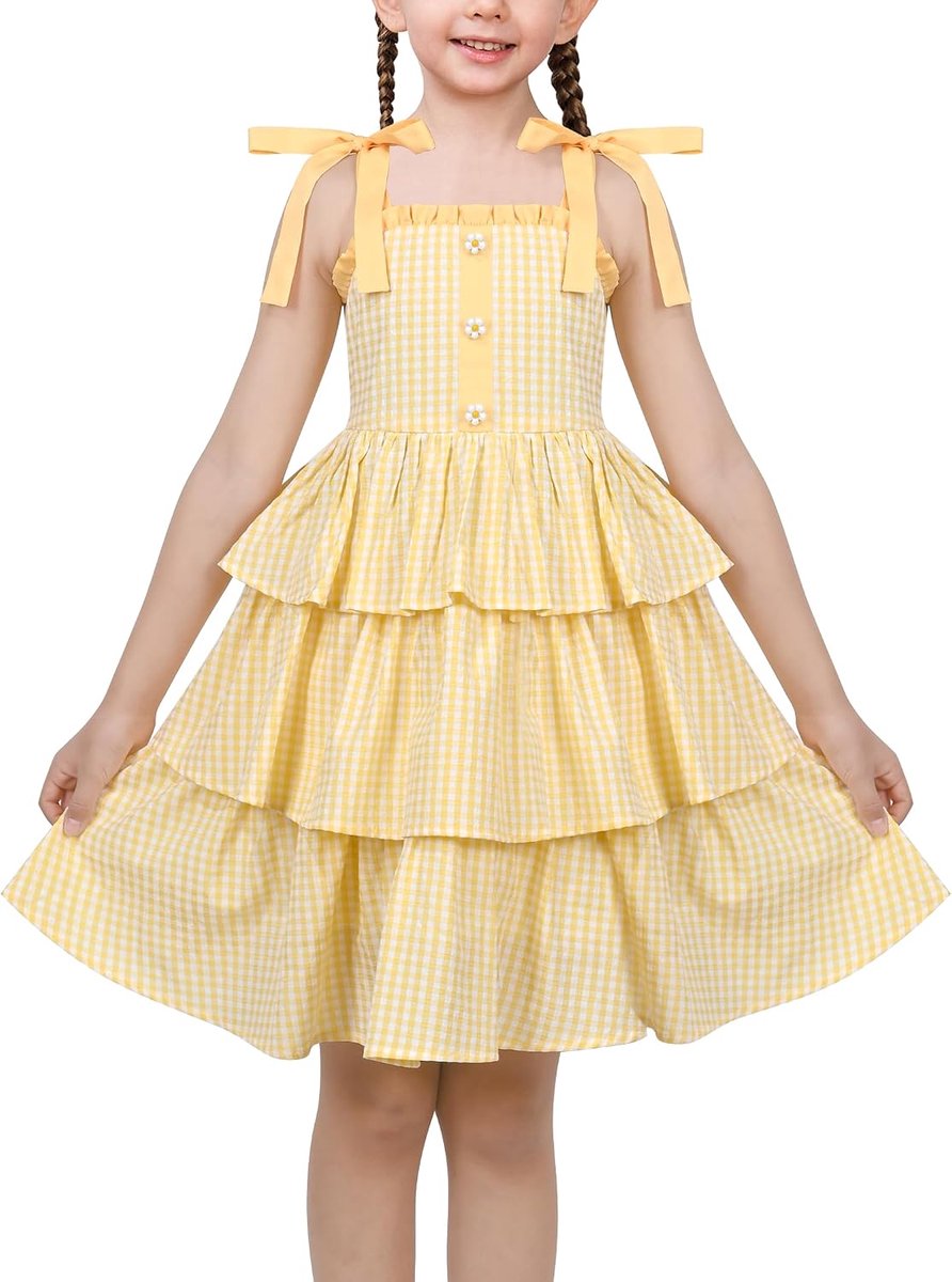 Jurk Spaghetti Gingham Roes Licht Plaid Boog Moe Gewoontjes 4-8 jaar
