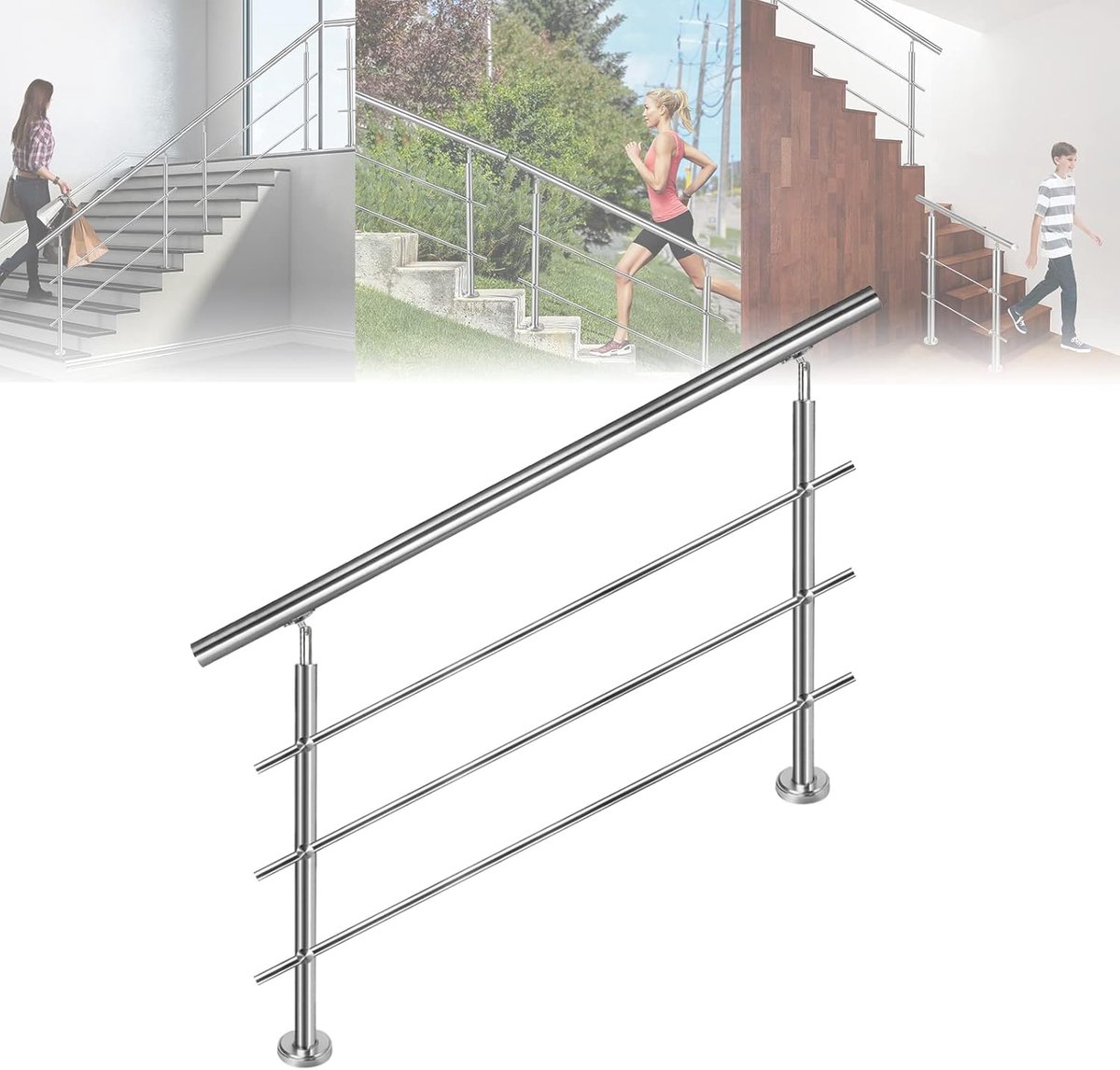 Leuning van roestvrij staal, 3 dwarsbalustrades, vloermontage, bouwpakket voor binnen en buiten, trapleuning, 160 cm, Ø 42 mm, balustrade