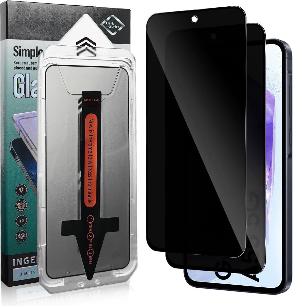 Inkijkbescherming voor pantserglas voor Samsung Galaxy A55 5G, 2 stuks, autoinstallatie, anti-spy beschermfolie, privacy veiligheidsglas, hardheid 9H, krasbestendig