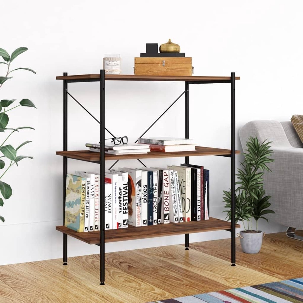 Plank met 3 planken, zwart en naturel, 80 x 40 x 92 cm, stalen constructie, houtmateriaal, legplank voor kantoor, woonkamer, garage, opslag van documenten, boeken