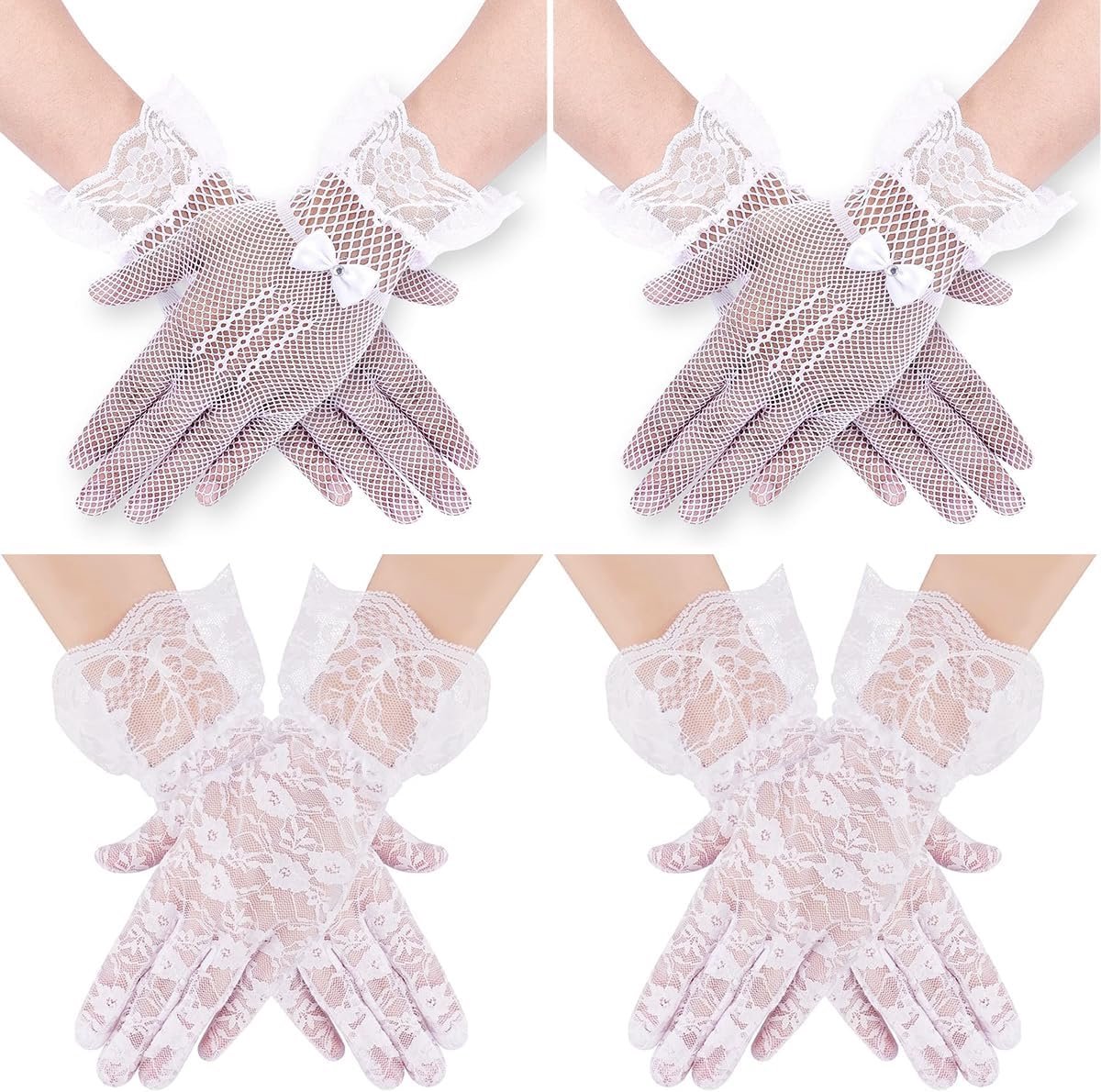 Handschoenen, witte elegante theekransjes, korte dameshandschoenen, mesh hoffelijkheidshandschoenen vintage bloemenbruidshandschoenen voor bruiloft, diner, Halloween