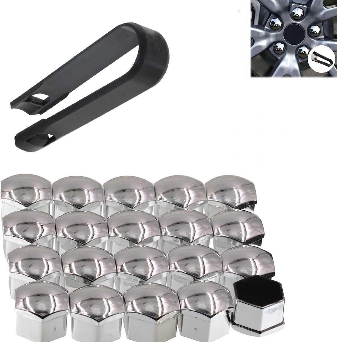 20 stuks wielmoerdoppen, universele wielboutdoppen, 17 mm, stofdicht, wielmoerafdekkingen, wielmoerafdekkingen voor auto, zeshoekige wielmoerdoppen met verwijderingsgereedschap
