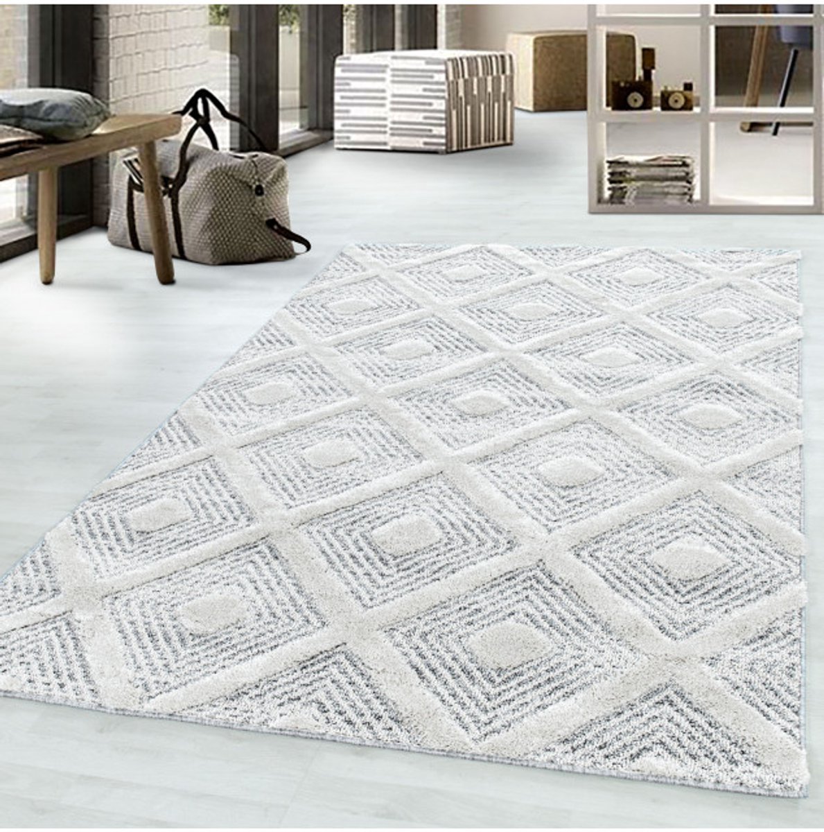 TapisTrend Harig tapijt Grijs 80x150 cm crèmekleurig geometrisch vloerkleed met reliëf ruitpatroon, 20 mm poolhoogte, moderne stijl voor woonkamer