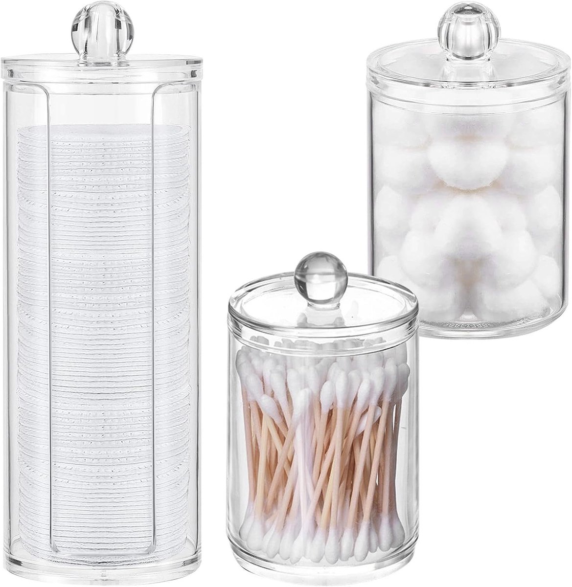 3 stuks make-uptafelaccessoires, wattenstaafjeshouder, wattenschijfdispenser, transparant, wattenschijfjes, oorstaafjes, opslag, cosmetica-organizer voor badkamer en slaapkamer