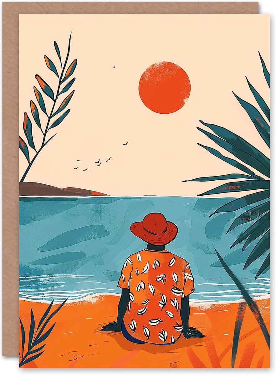 Watching Summer Sunset Tranquil Seaside Beach For Him Man Holiday Card