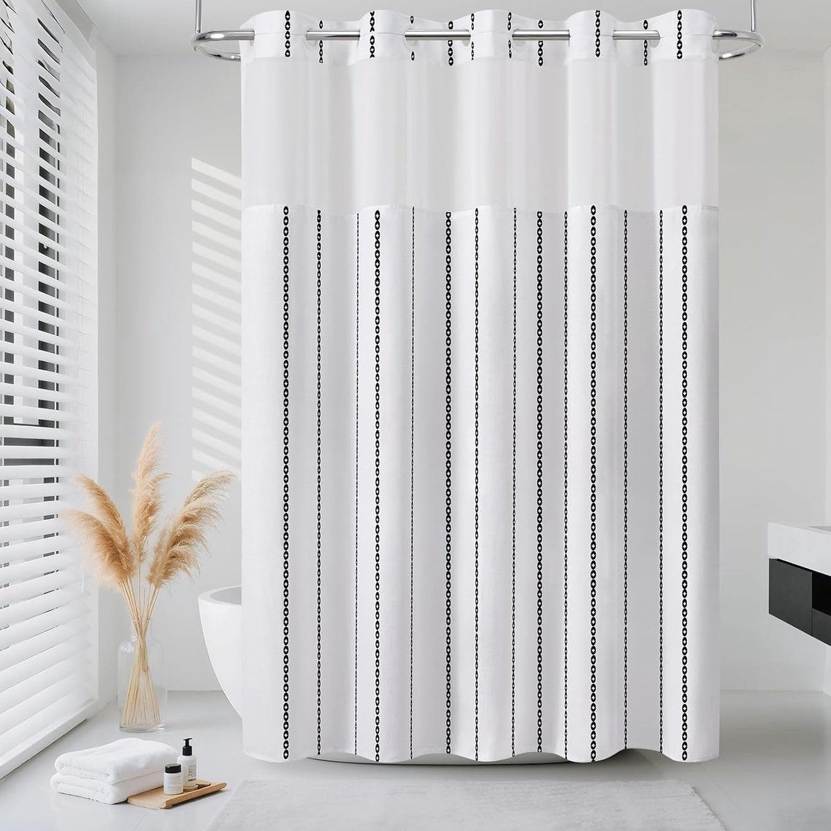 Douchegordijn zonder haak, polyester streep zwaar belastbare dikke douchegordijnen met gaas bovenvenster, Boheemse stijl waterdichte badkamer gordijnset 190,5 cm L x 182,9 cm B