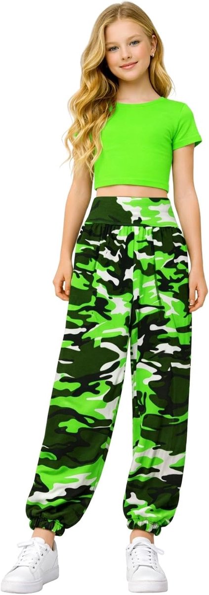 Kids Meisjes Neon Crop Top Army Gedrukt Alibaba Harem Leggings Co Ord 2 Stks Set, Neon Groen, 11-12 Jaren