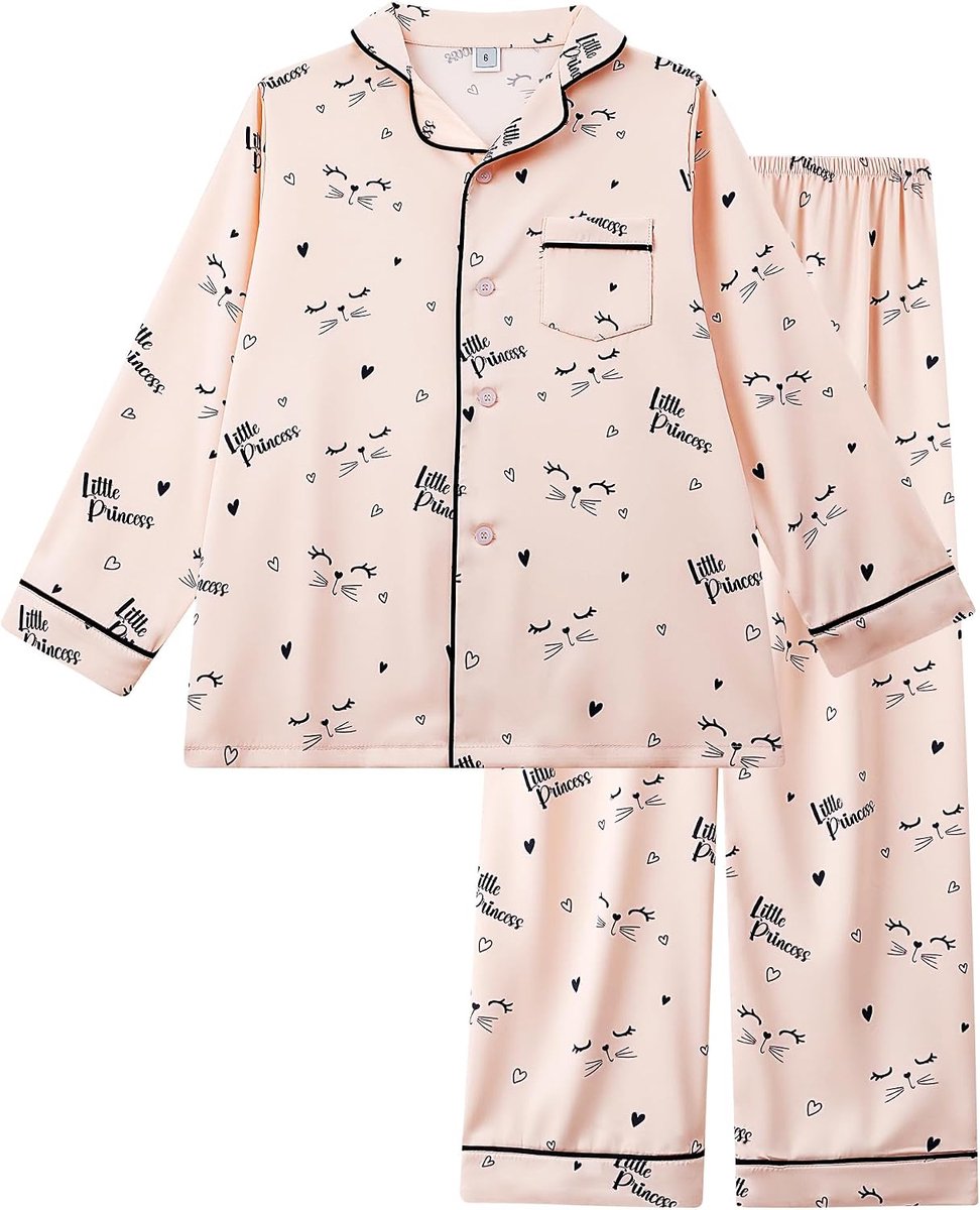 4-13 Jaar Meisjes Pyjama Lange Mouw Imitatie Zijdeachtig Glad Satijn Leuke Patroon Nachtkleding Kinderen Pyjama Sets