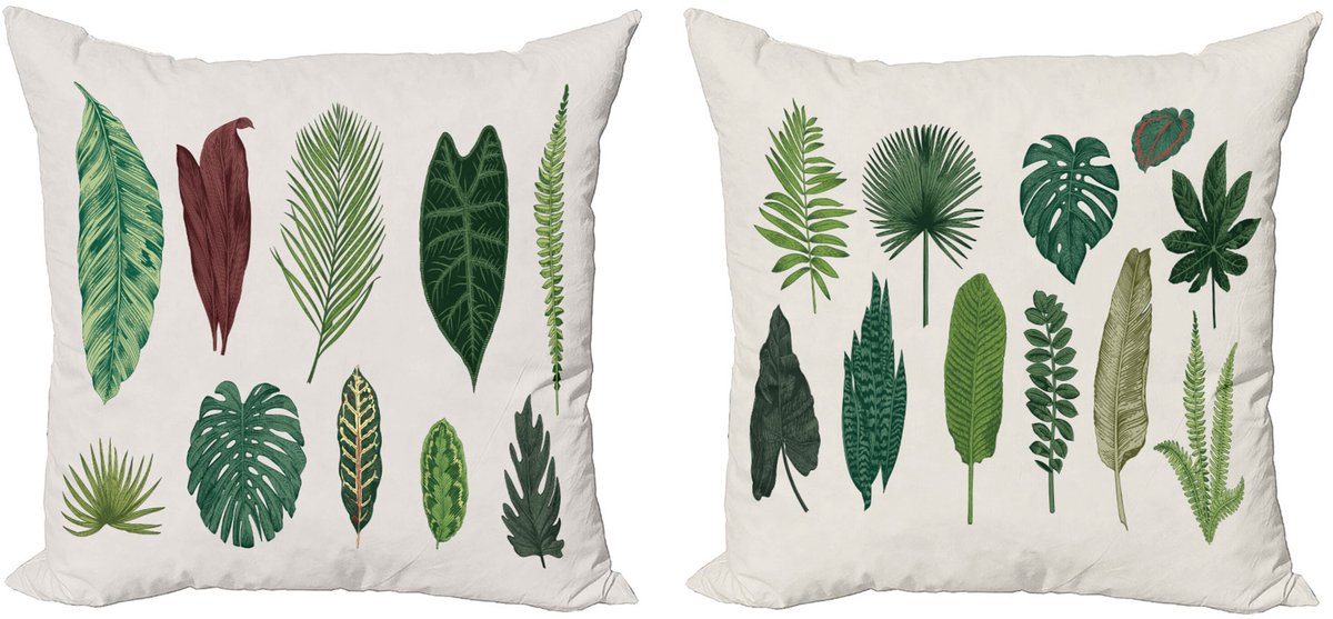 ABAKUHAUS Botanisch Sierkussenhoes Set van 2, Verschiedene Regenwald Bladeren, Modern Accent Dubbelzijdige Digitale Print, 50 x 50 cm, Eierschaal Bruin Groen