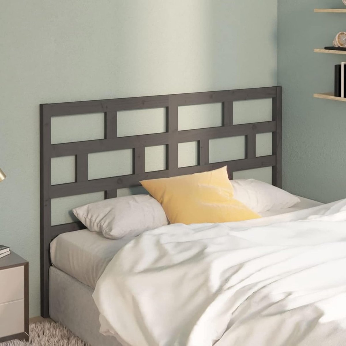 Houten hoofdeinde voor bed, hoofdeinde, tweepersoonsbed, moderne slaapkamer, massief hout, grenenhout, grijs, 146 x 4 x 100 cm