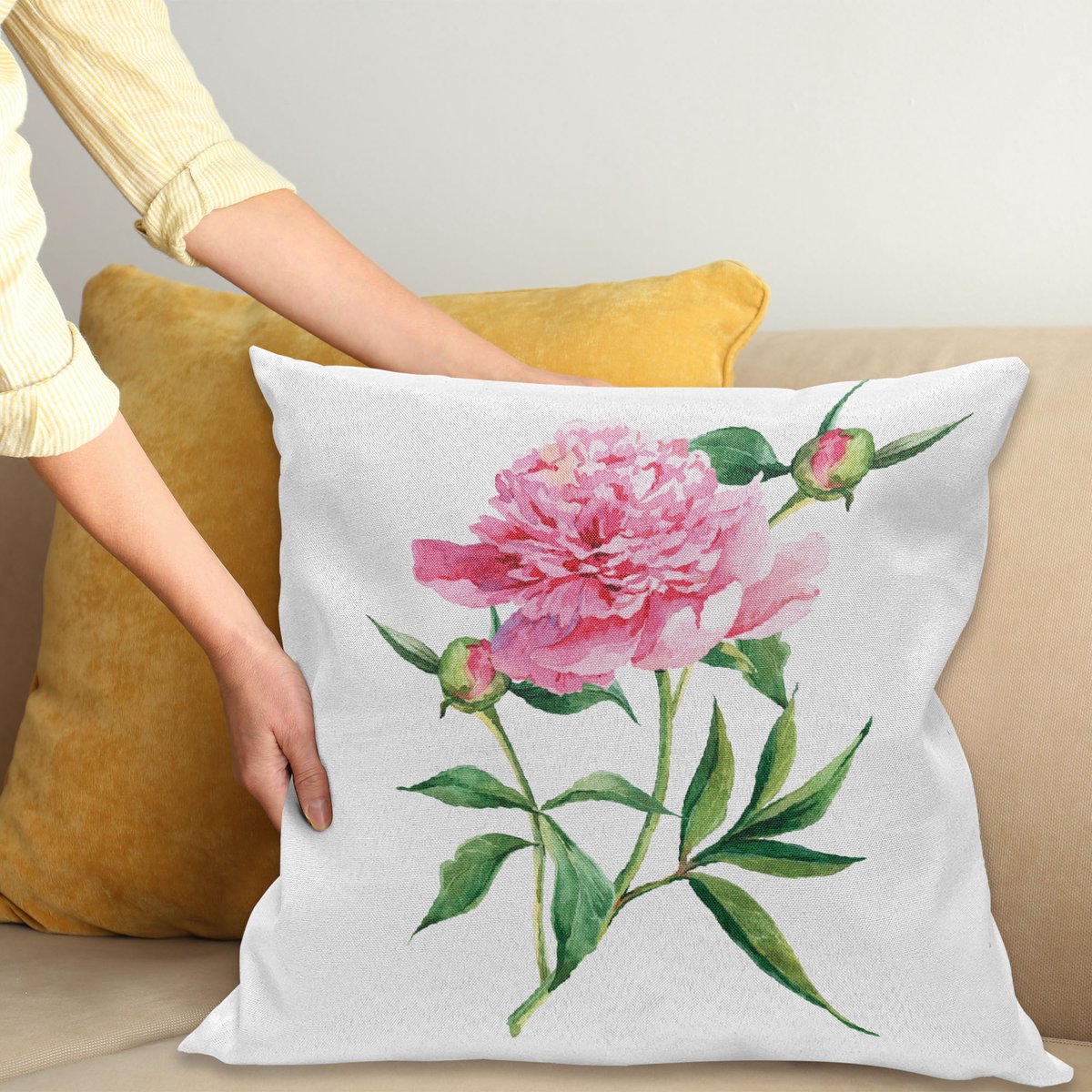 ABAKUHAUS Natuur Kussenhoes, Vintage Pioenroos, Wasbare Kleurechte Kussenhoes met Digitale Dubbelzijdige Print en Ritssluiting, 50 x 50 cm, Groen Wit Roze