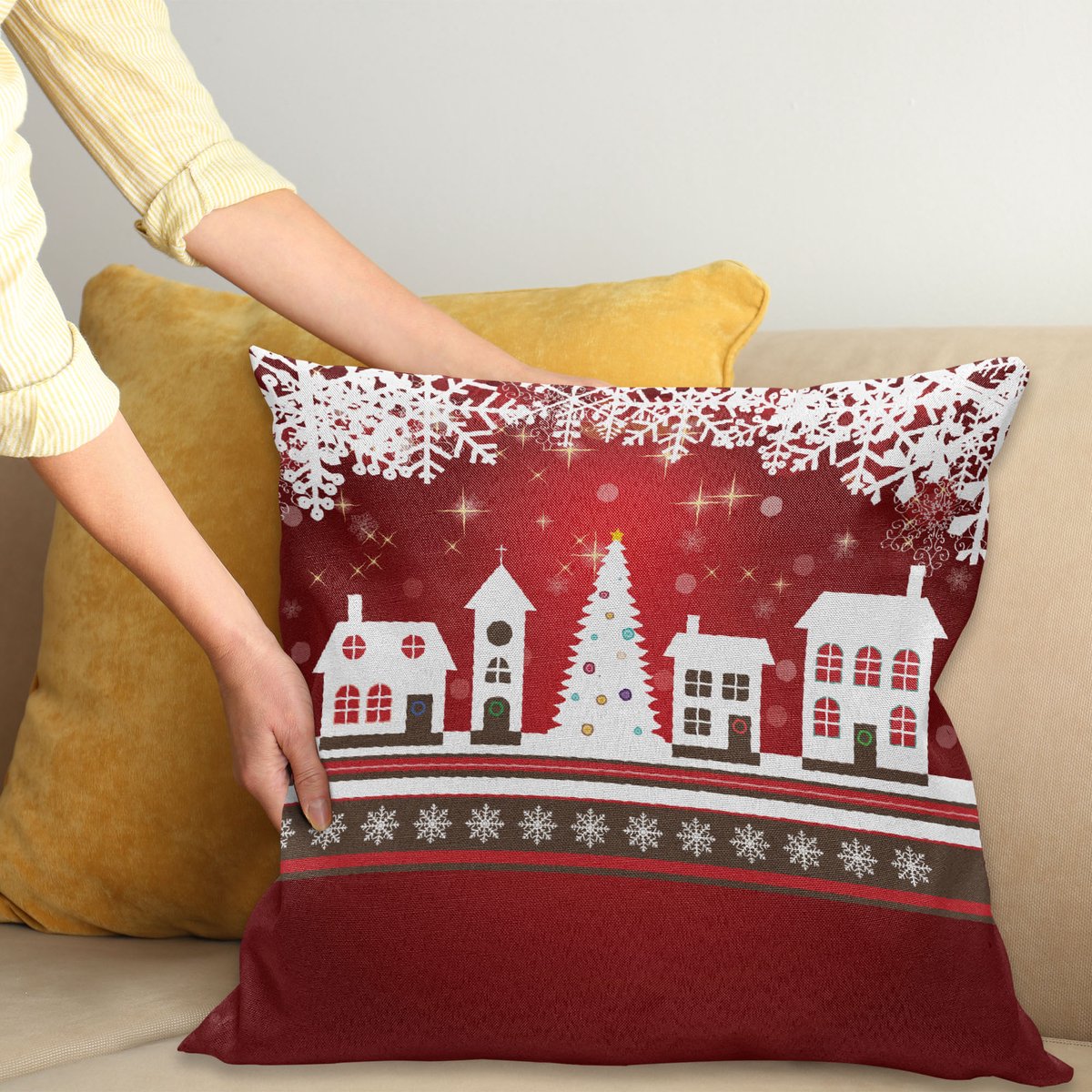 ABAKUHAUS Kerstmis Kussenhoes, Winter-Thema-Boom, Met Ritssluiting, Wasbaar, Dubbelzijdige Digitale Print, Heldere Kleuren, Hoogwaardige Stof, 40 x 40 cm, Wit Rood