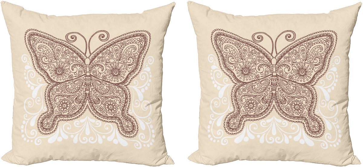 ABAKUHAUS Henna Sierkussenhoes Set van 2, Ornament Compositie Vlinder, Modern Accent Dubbelzijdige Digitale Print, 60x60, Bruin Wit