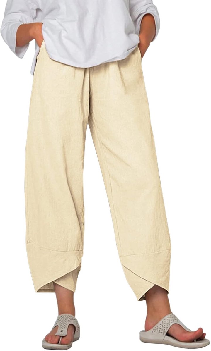 heekpek Damesbroek, casual, wijde pijpen, capribroek, katoenen broek, zomer, elastische tailleband met zakken, lichtgewicht cropped broek