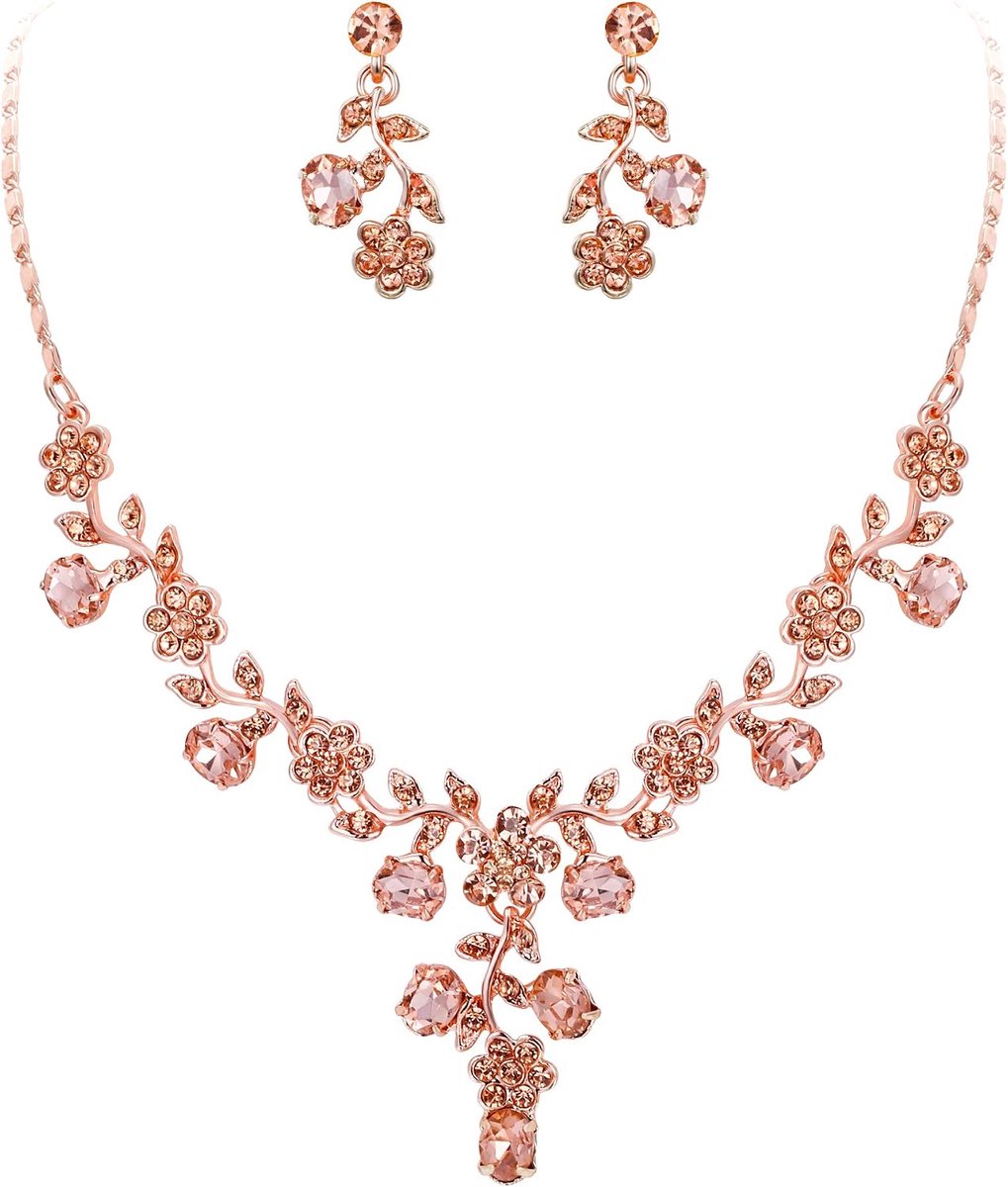 Faith Sieradenset voor dames, Oostenrijks kristal, bruiloft, bladeren, druivenoogst, halsketting en oorbellen, champagne-roze goudkleur