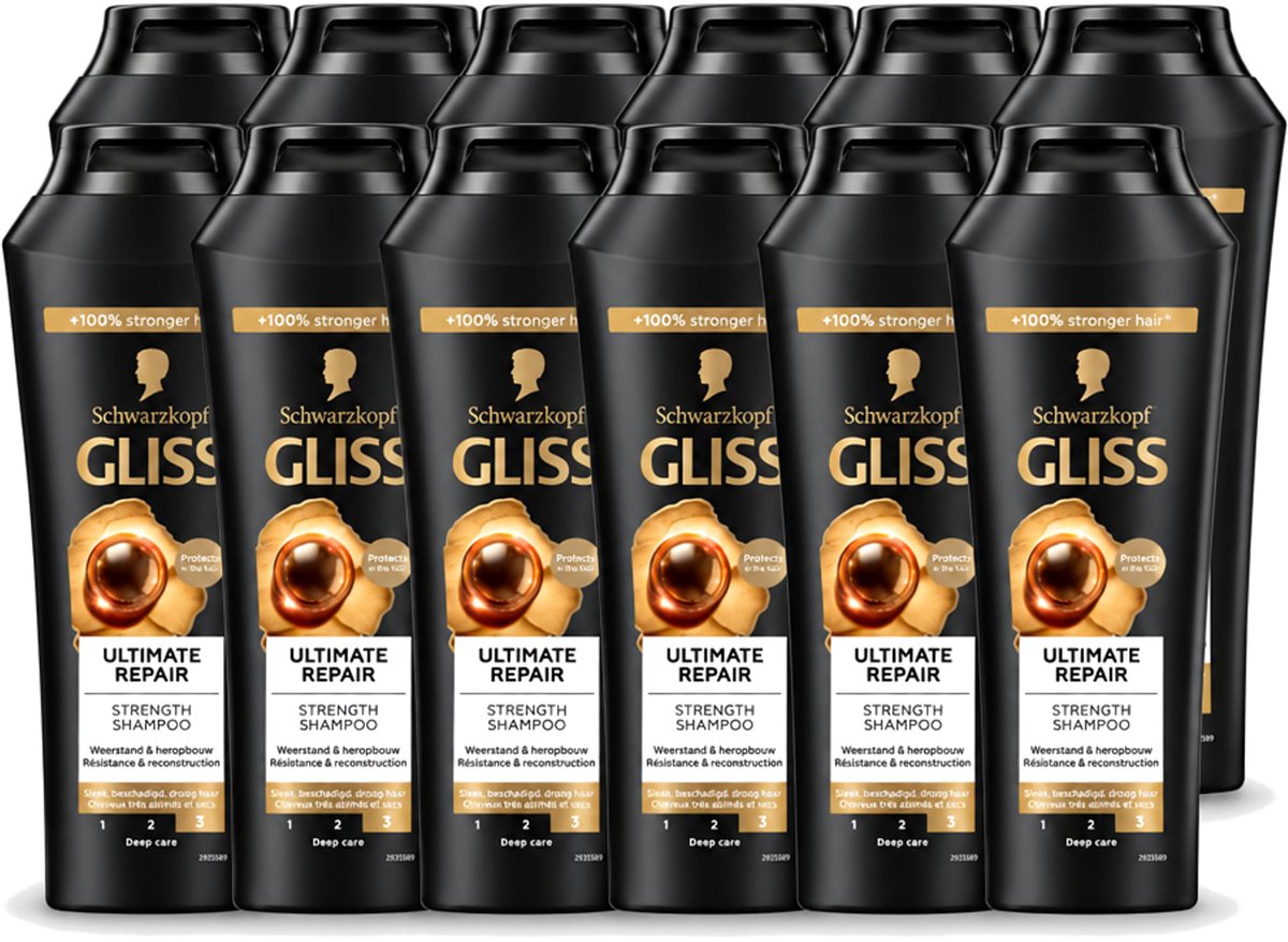 12 x Gliss - Shampoo - Ultimate Repair - Voor Intensief Herstel - 250 ml - Voordeelverpakking - 12 stuks
