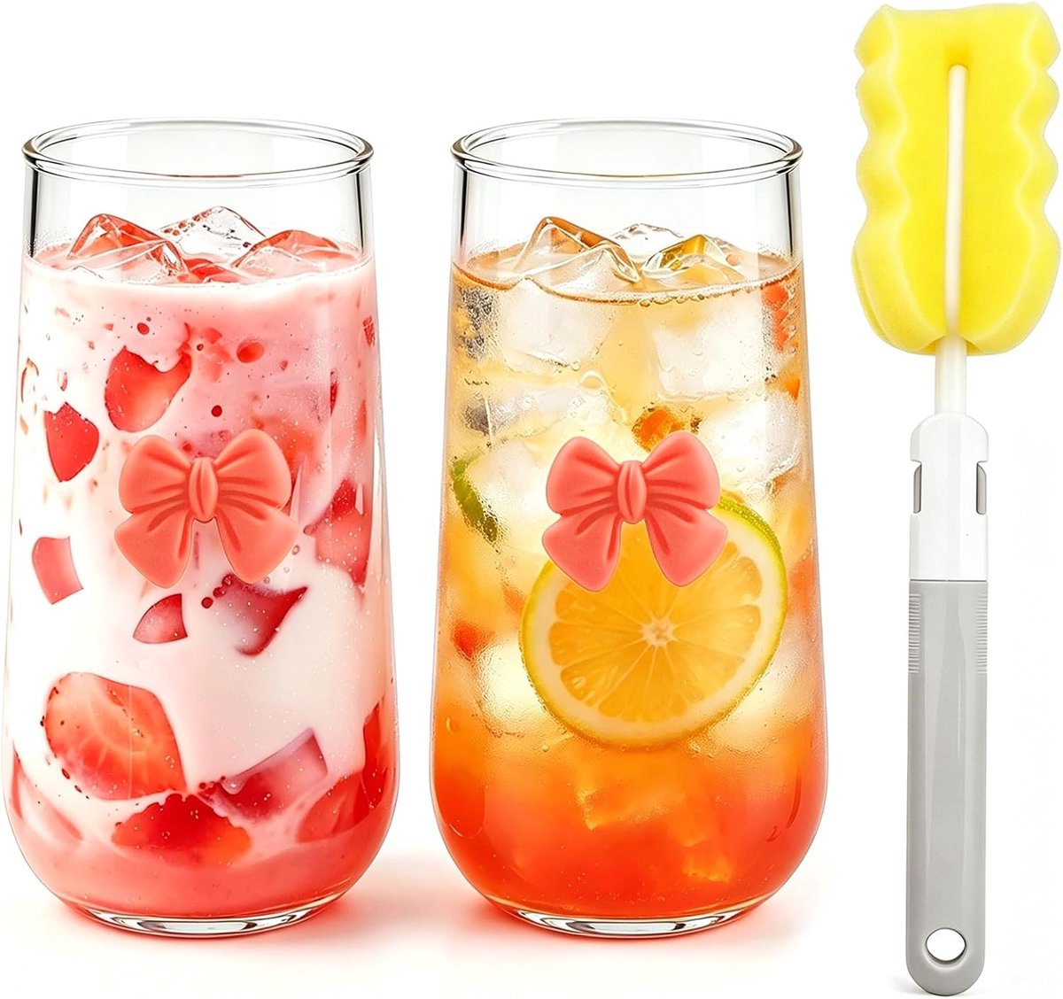 2 stuks glazen bow glazen bekers 450 ml rode strik glazen bekers, borosilicaatglas drinkglazen met reinigingsborstel Iced Coffee glas in blikvorm veelzijdig drinkglas voor melk, sap, koffie
