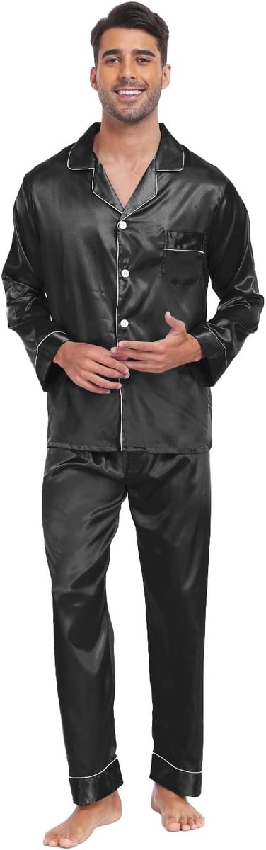 nachtkleding, satijn, lang, tweedelig, lange mouwen, knoopsluiting, huispak, pyjamabroek, zijde, loungewear met V-hals, knoopsluiting, zakken