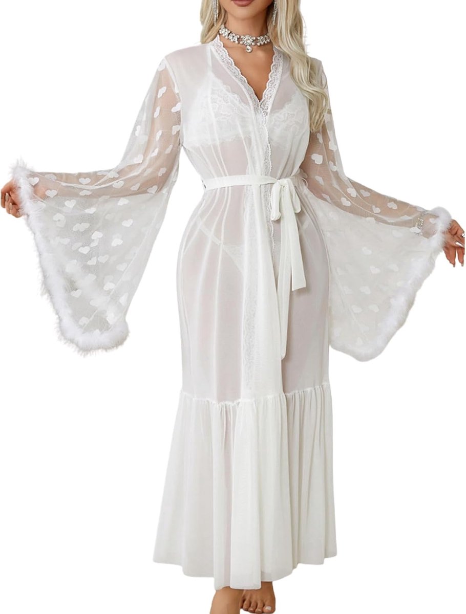 Transparante badjas voor dames, veren, lange mouwen, kimono, hartpatroon, ochtendjas, extra lang nachthemd, kant, V-hals, pyjama, bikini, cover-up, doorzichtige mesh, bruid, babydoll