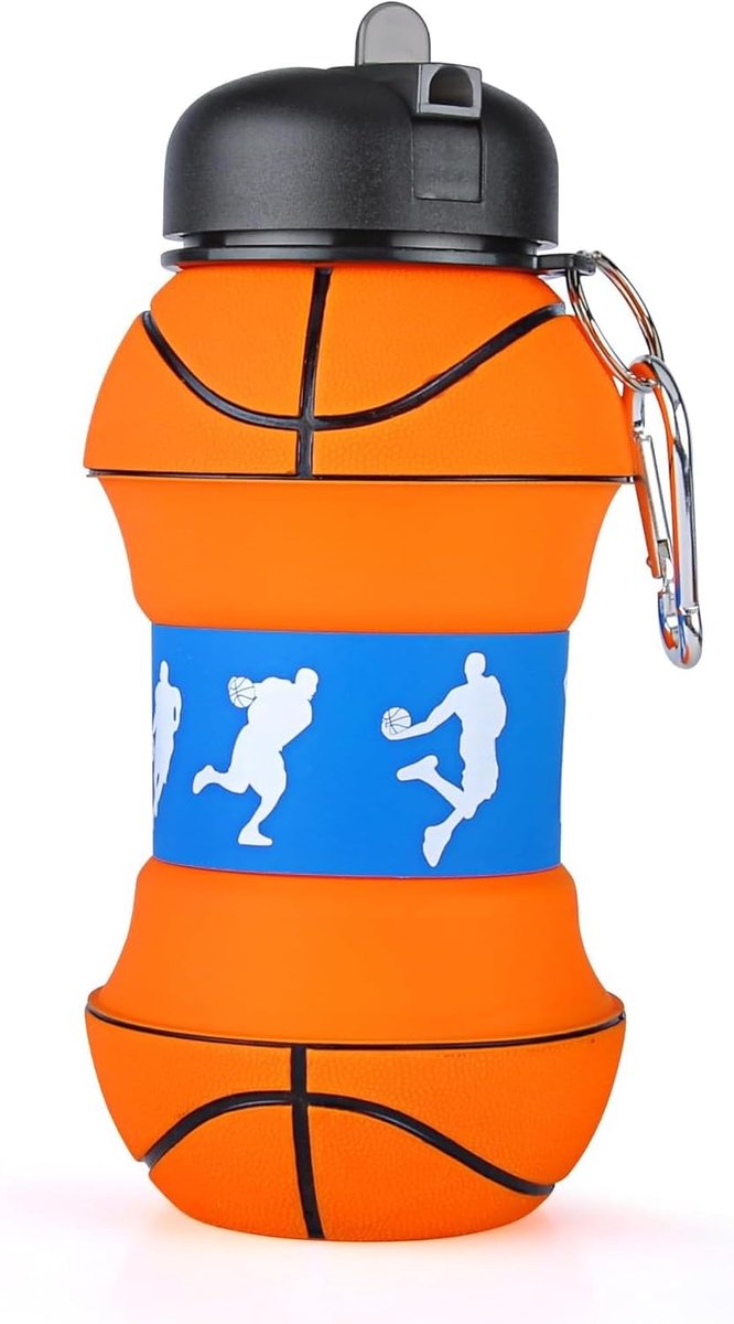 Waterfles van siliconen, design basketbal, voor kinderen, meisjes en volwassenen, opvouwbaar, BPA-vrij, zeer robuust, 550 ml