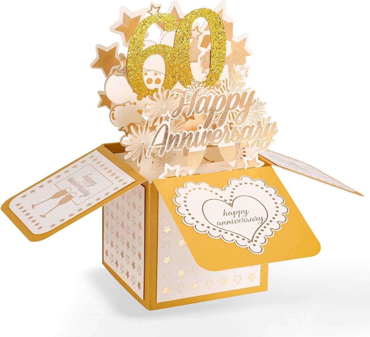 60ste Verjaardagskaart, 3D Goud Happy Anniversary Pop-Up Kaart met Envelop voor Vrouwen Mannen Vrouw Man Paren Ouders Hem Haar Huwelijkscadeau