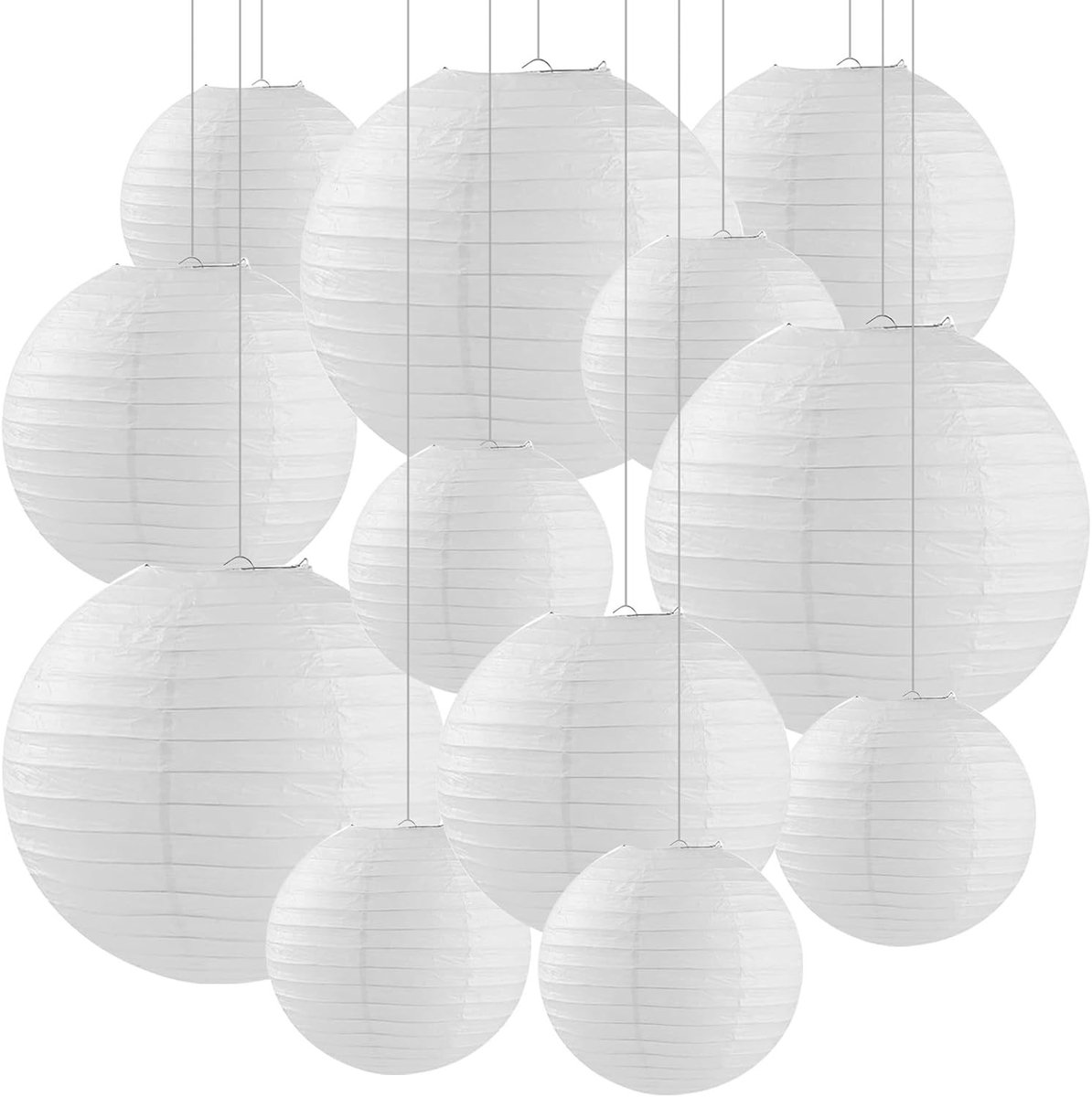Witte Papieren Lantaarns Set van 12, Rond, 10/15/20 cm, Perfect voor Bruiloften, Verjaardagen en Feestjes, DIY Schilderen