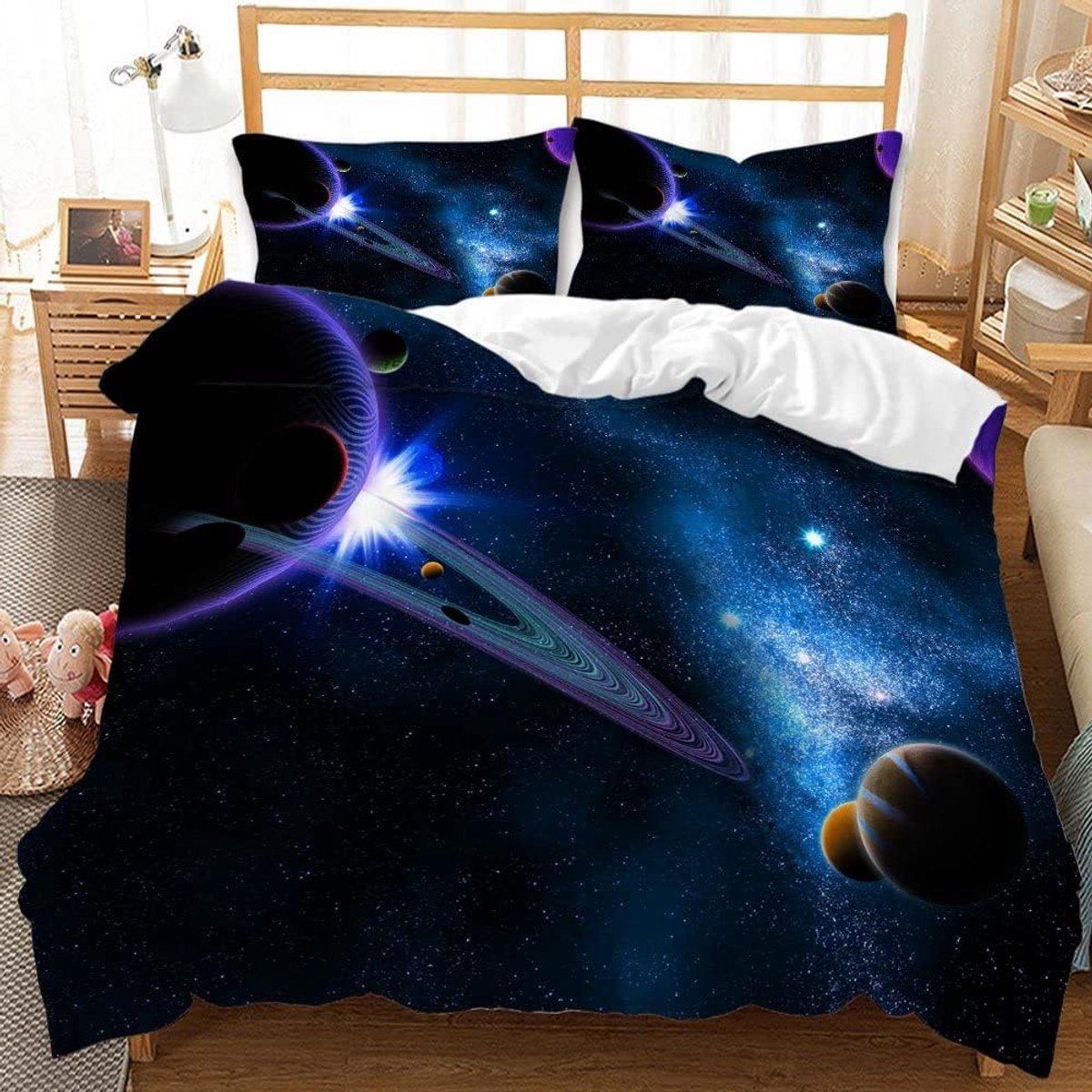 Beddengoed Galaxie 135x200 3D Universe Starry Planet World Dekbedovertrek Paars Blauw Universum Thema Beddengoed Set voor Volwassenen Tieners Kinderen (Galaxie C,200 x 200 cm)