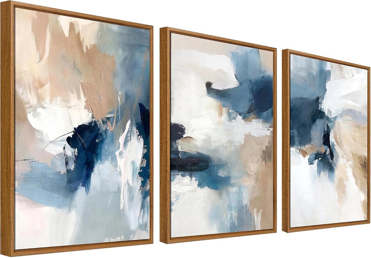 Canvas muurkunst set van 3 kaki blauw grijs abstract schilderij op canvas prints voor muurposter, moderne minimalistische neutrale foto's voor woonkamer, slaapkamer, hal, 30 x 40 cm x 3