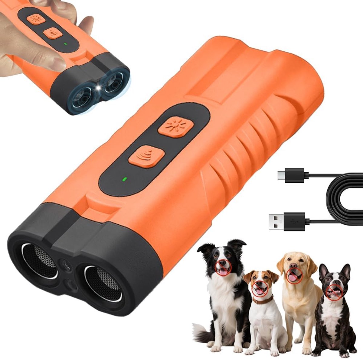Anti Bell apparaat voor honden, Ultrasone hondenafweer, Oplaadbaar Antibell Ultrasoon apparaat, Antibell Ultrasoon apparaat met 3 instelbare frequenties LED-zaklamp, Bellstop voor honden
