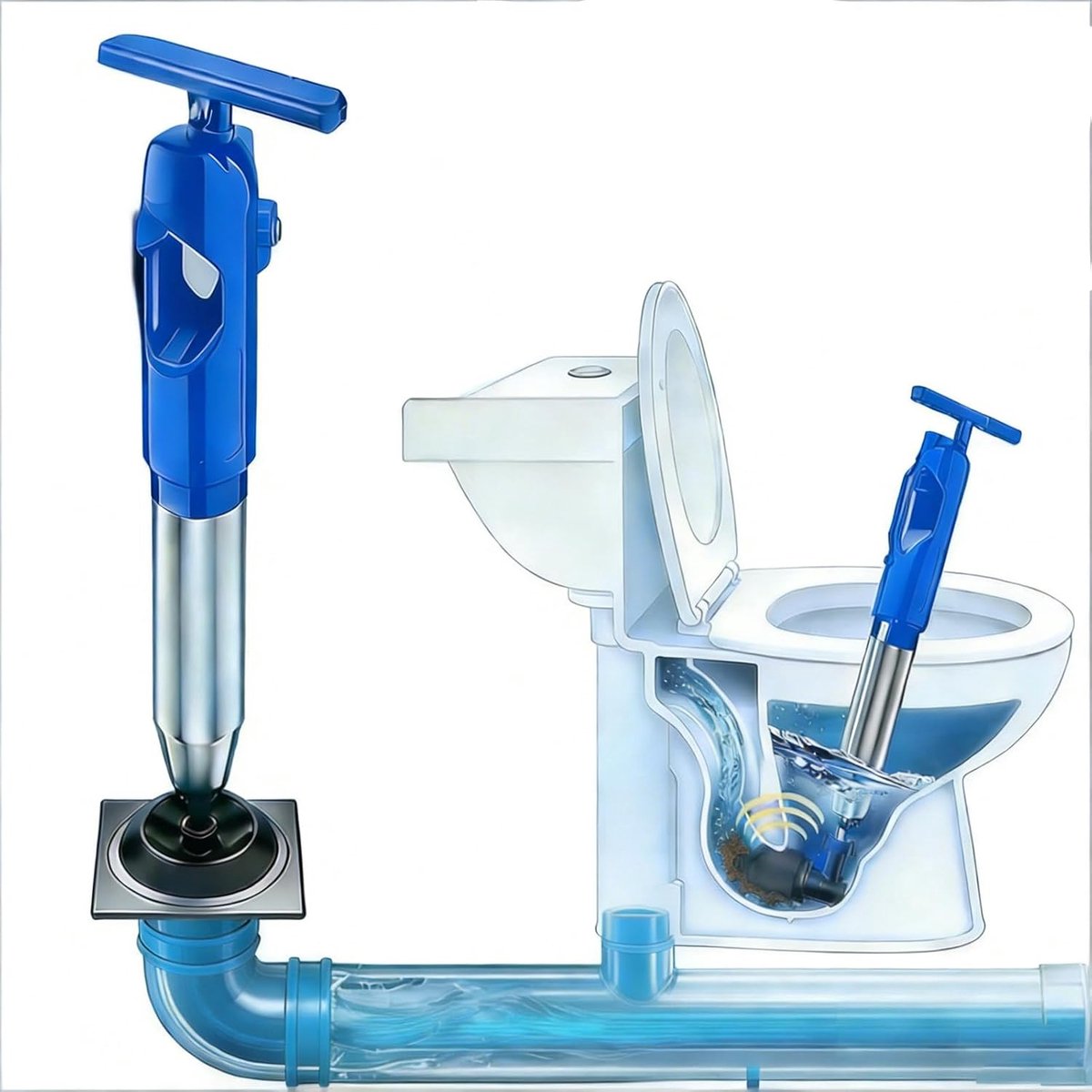 Zuignap, drukontstopper met manometer, persluchtontstopper, 4 verwisselbare sproeiers, versterkte wand, voor toilet, gootsteen, douche, keuken, kleur: blauw