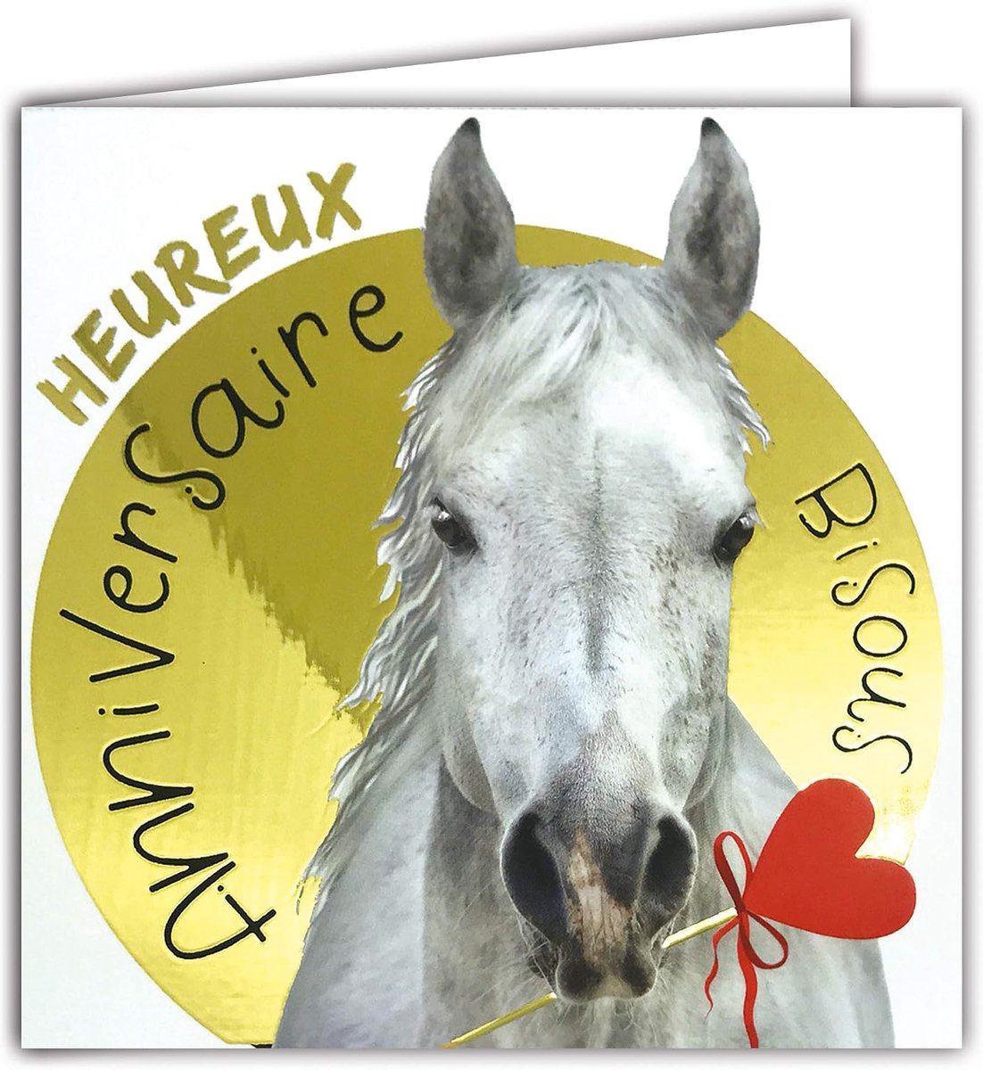 Kaart voor verjaardag koekjes paard wit hart rood achtergrond goud glanzend gestructureerd reliëf effect