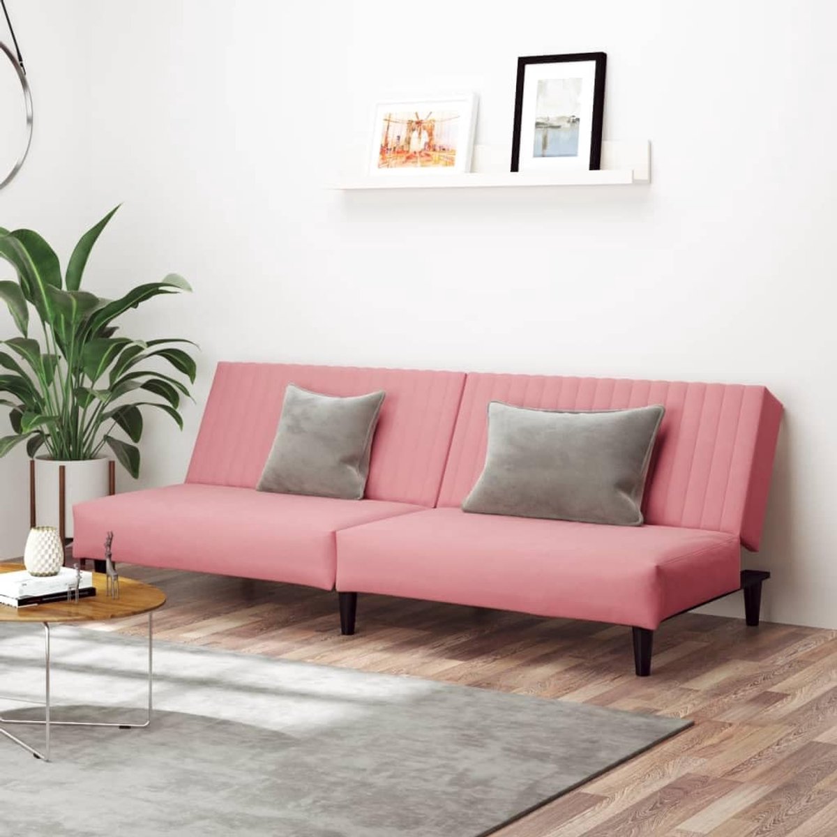 2-zits roze fluwelen bedbank met verstelbare rugleuningen, zachte velours bekleding en robuuste houten lijst voor woonkamer en logeerkamer, comfortabele zit-