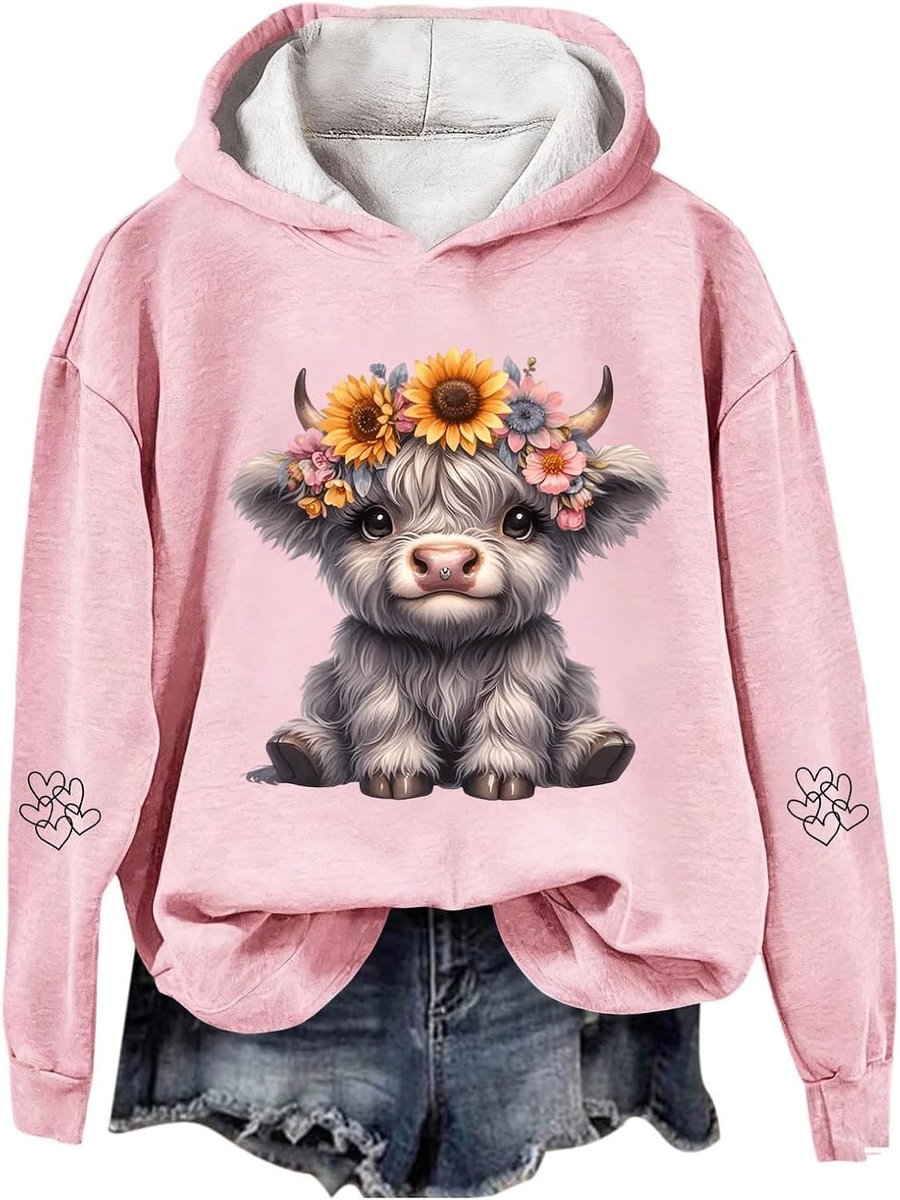 Hoodie met koeienprint, grafische western, feestelijke trui voor comfortabel fleece sweatshirt, vakantiethema top