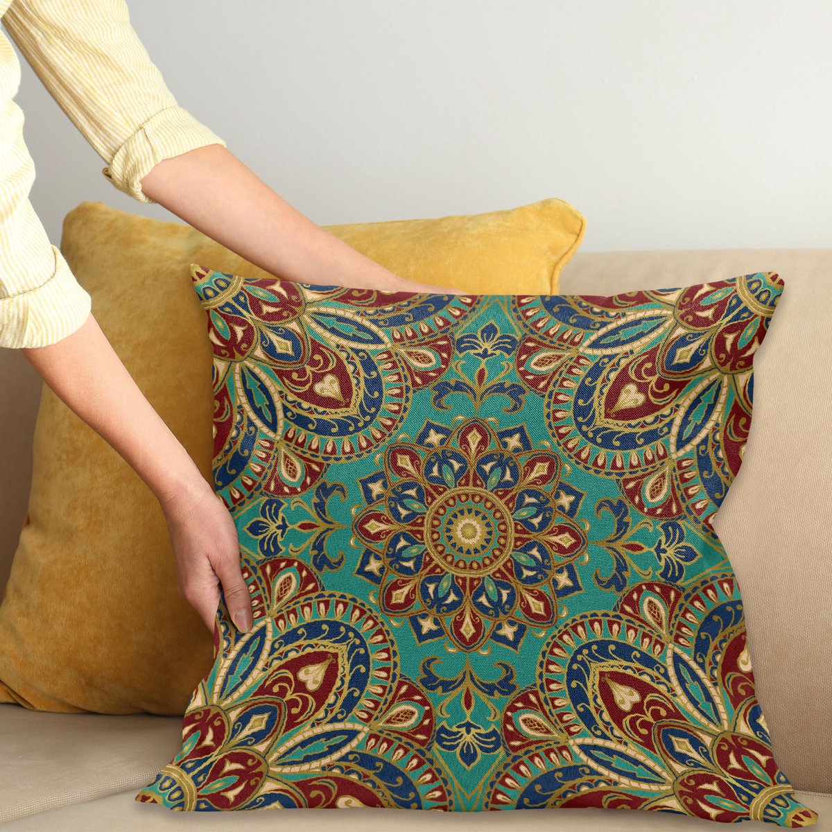 ABAKUHAUS Mandala Sierkussenhoes, Etnisch Thema Patroon van Cultural Stijl Oosters Medieval Motieven Oosters en Folk Details, Decoratieve Vierkante Sierkussenhoes, 100 x 100 cm, Teal Indigo