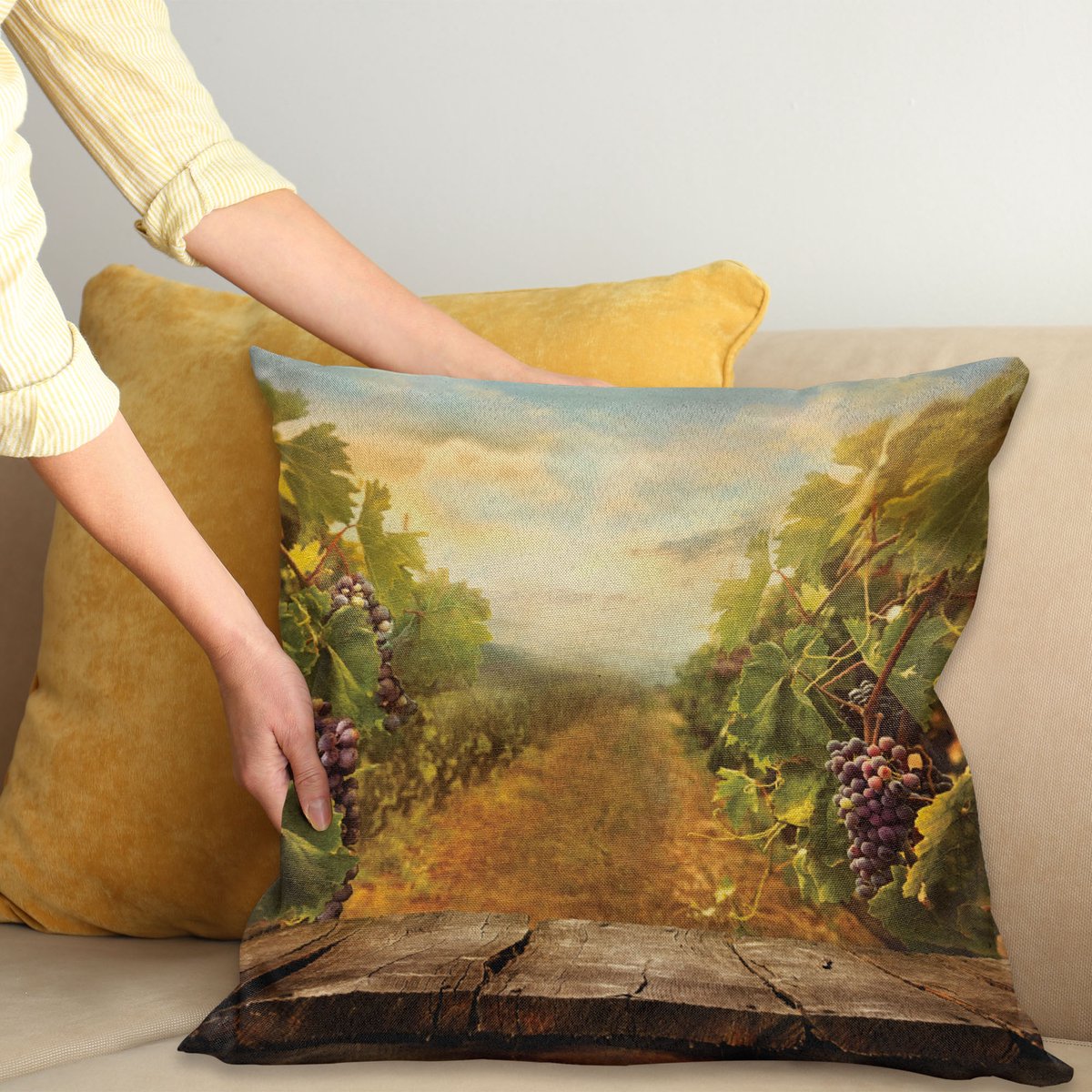 ABAKUHAUS Vineyard Sierkussenhoes, Vineyard Ripe Grapes Natuurlijk Rustiek Landelijk Landschap Landschap Orchads Wine, Decoratieve Vierkante Sierkussenhoes, 40 x 40 cm, Groen Bruin