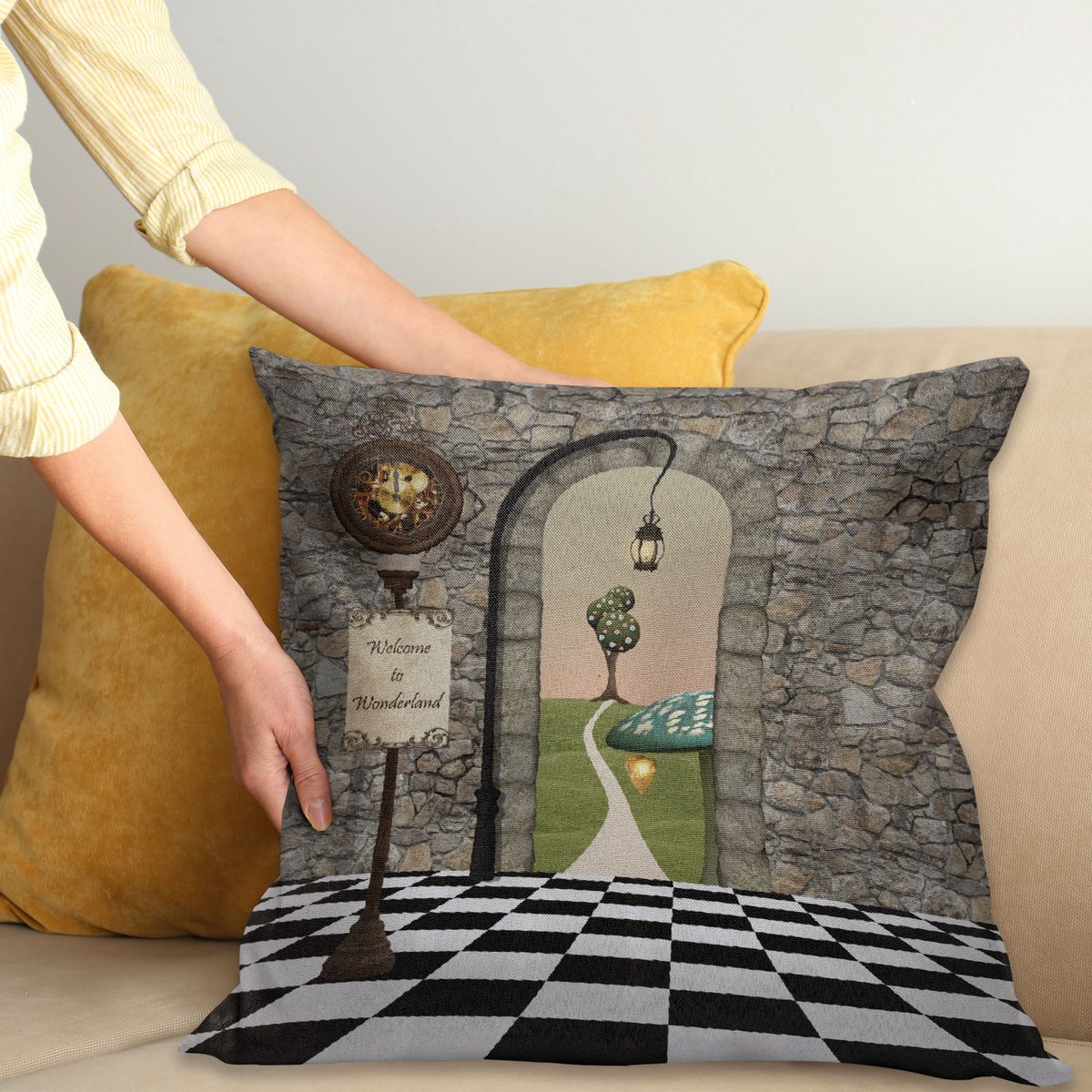 ABAKUHAUS Alice in Wonderland Sierkussenhoes, Welcome Wonderland Zwart en Wit Floor Landschap Mushroom Print, Decoratieve Vierkante Sierkussenhoes, 65 x 65 cm, Meerkleurig