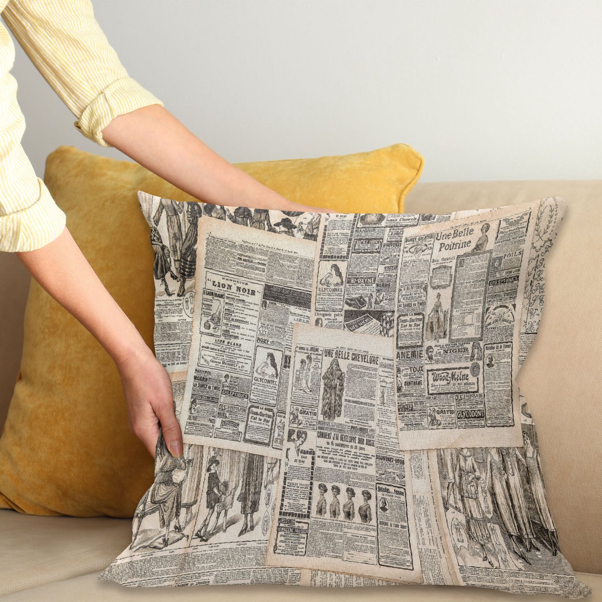 ABAKUHAUS Retro Sierkussenhoes, Vintage French Newspaper Achtergrond Nostalgisch Antiek Dated Past Ontwerp, Decoratieve Vierkante Sierkussenhoes, 50 x 50 cm, Taupe Crème
