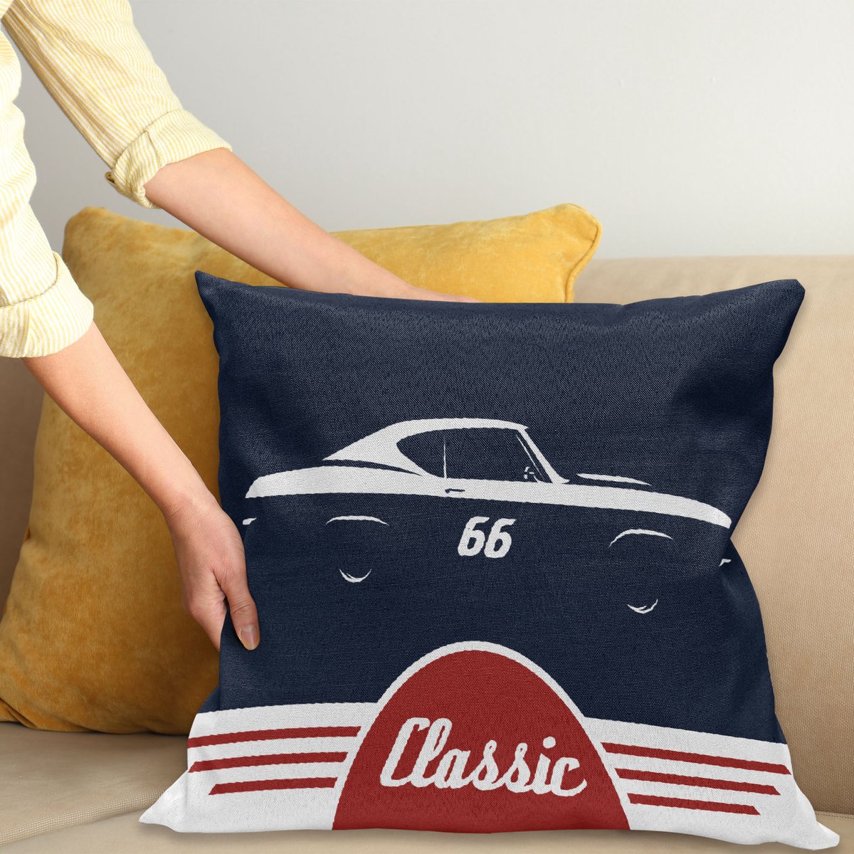 ABAKUHAUS Man Cave Sierkussenhoes, Classic Vintage Sport Auto Muscle Vehicle Silhouet Oud Fashioned Stijl, Decoratieve Vierkante Sierkussenhoes, 50 x 50 cm, Nacht Blauw