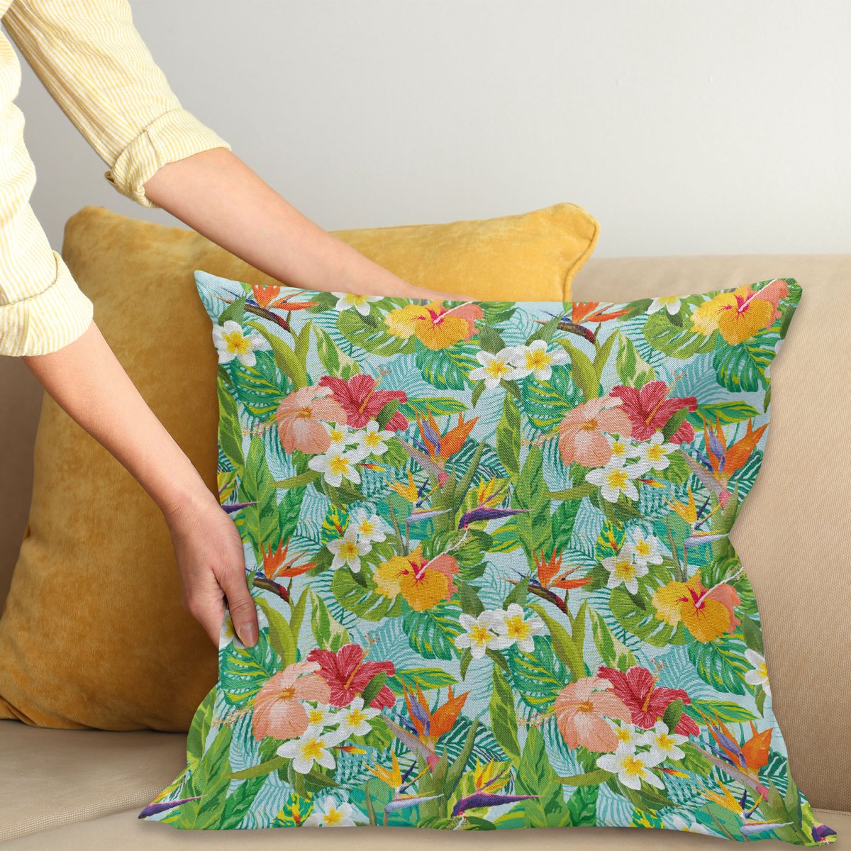 ABAKUHAUS Blad Sierkussenhoes, Vintage Cartoon Stijl Afbeelding van Hawaiian Bloemen Crepe Gingers, Decoratieve Vierkante Sierkussenhoes, 60 x 60 cm, Varen Groen