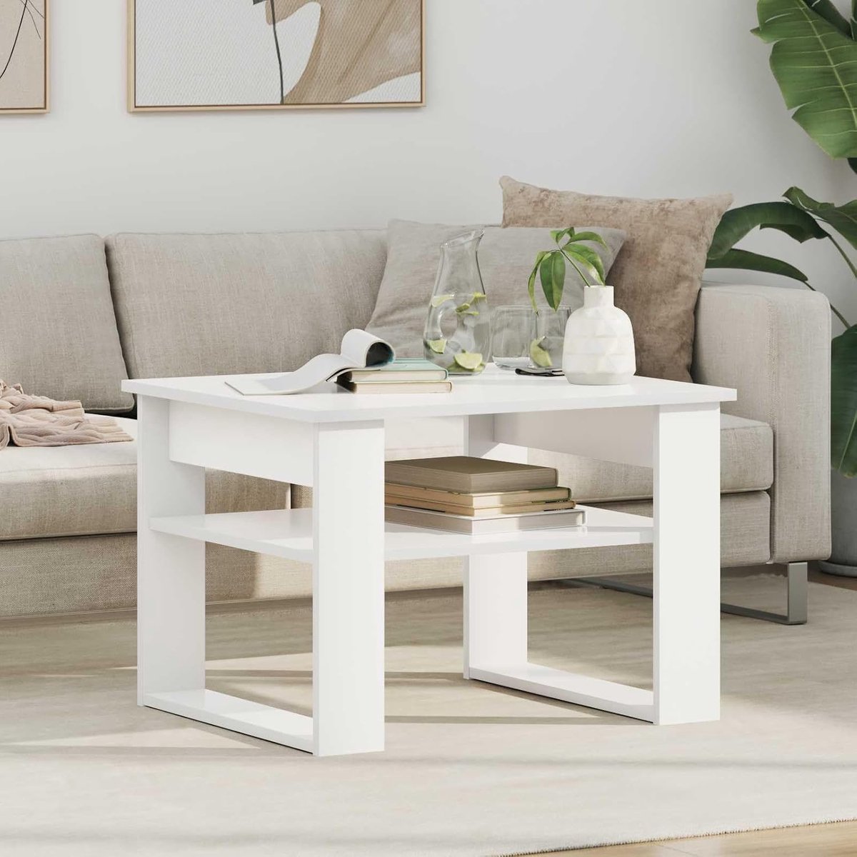 Salontafel met geheugenfunctie, wit, 64 x 54 x 44 cm, houtmateriaal en planken voor de woonkamer, opslag van deze moderne salontafel in wit met de afmetingen 64