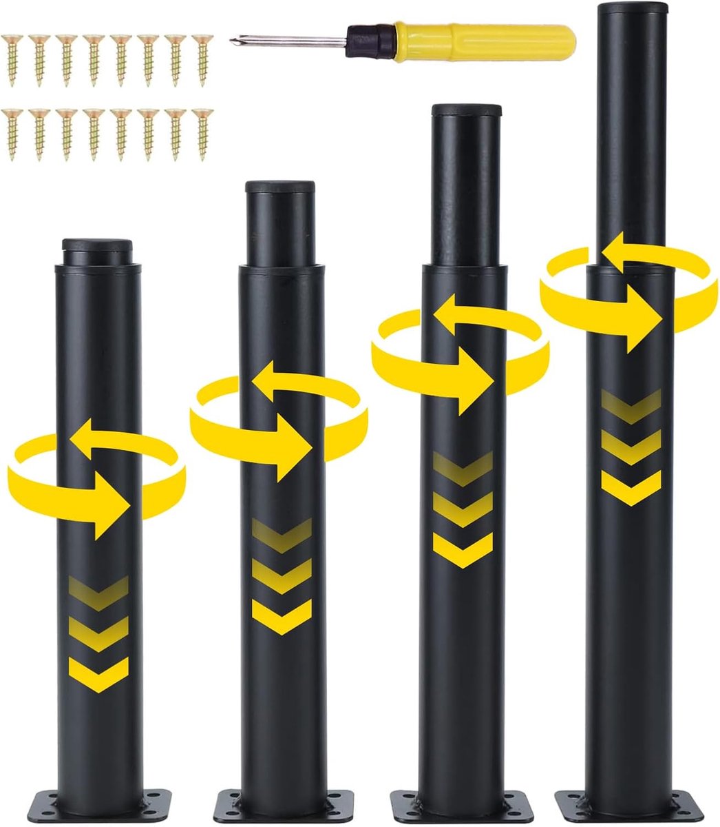 Set van 4 in hoogte verstelbare meubelpoten met platte voet - Zwart metaal - Met schroeven - Voor kasten, banken, stoelen, voetenbanken (12-18 cm)