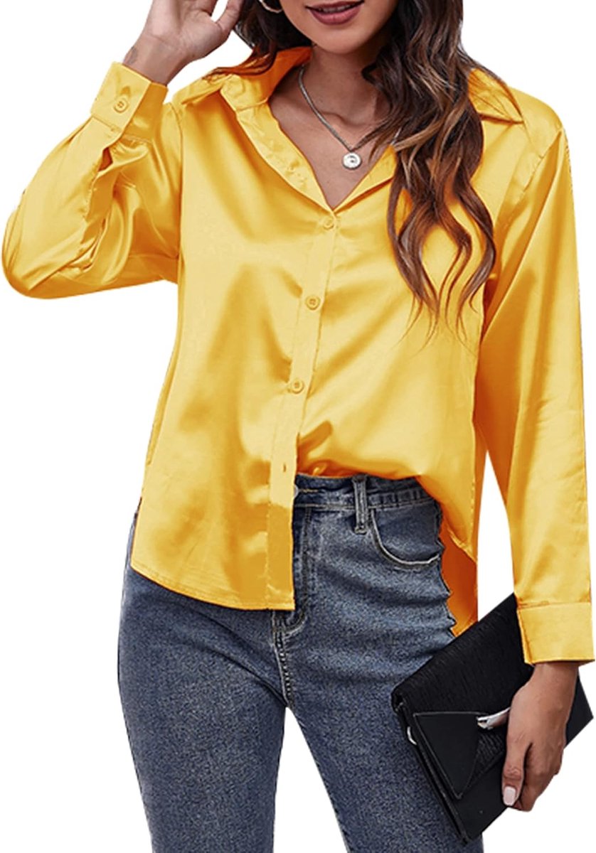 Vrouwen Satijn Shirt Lange Mouw Blouses Botton Down Werk Top Zijde Zoals Shirts voor Dames Kantoor Tops