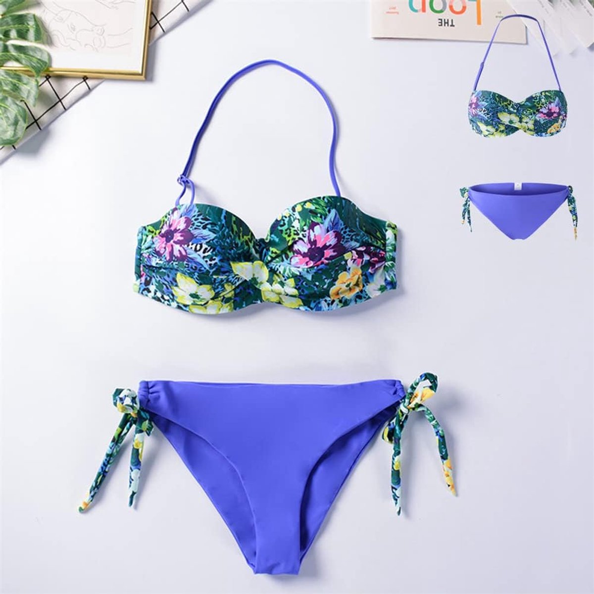 Sets voor dames, push-up, bandeau, strapless, Braziliaanse bikini, tanga, tweedelig badpak, bloemenprint, bikini, dames, zwemmen