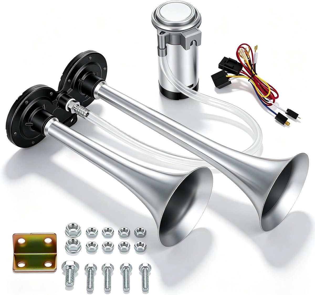 12 V 150 dB vrachtwagenclaxon chroom zink dubbele trompet luchthoorn met compressor, voor alle 12 V voertuigen vrachtwagens, auto's, boten, treinen, bestelwagens, vrachtwagens hoorns perslucht hoorn