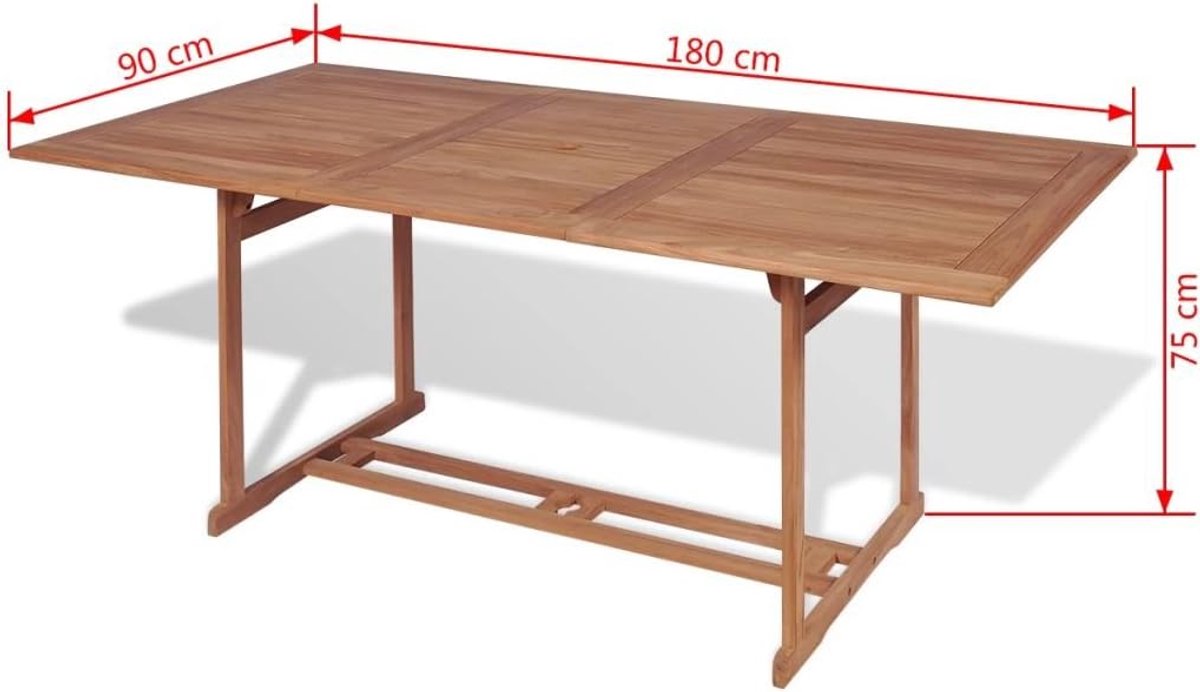 Tuintafel met gat voor parasol, eettafel voor tuin, terras, binnenplaats, teakhout, 180 x 90 x 75 cm